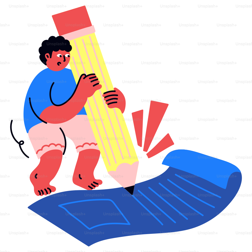 Person struggles to write with giant pencil.