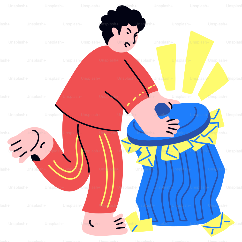 A man is throwing trash in the garbage bin.