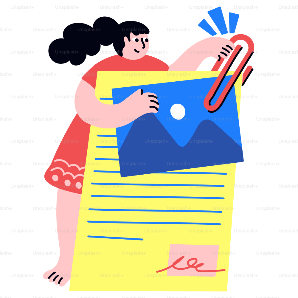 A woman is attaching a photo to a document.