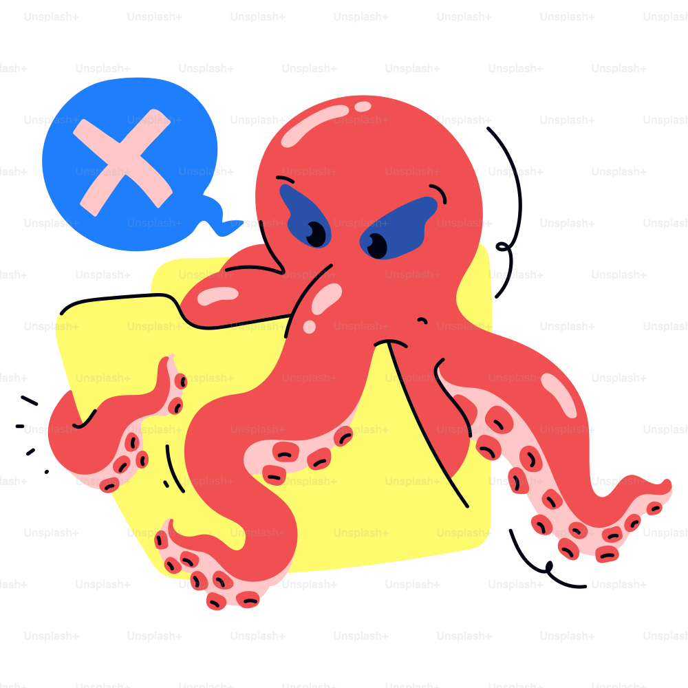 The octopus is holding a folder and saying "no".