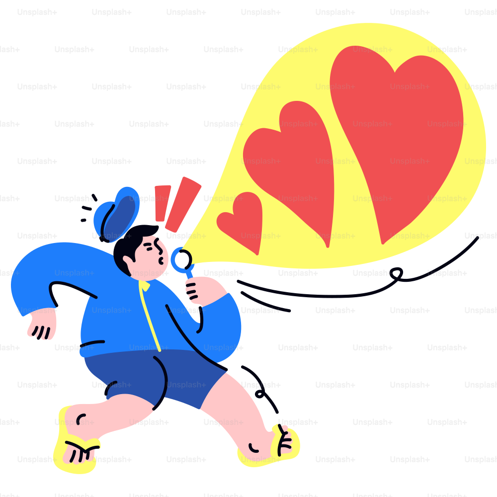 A man is shouting hearts from his mouth.