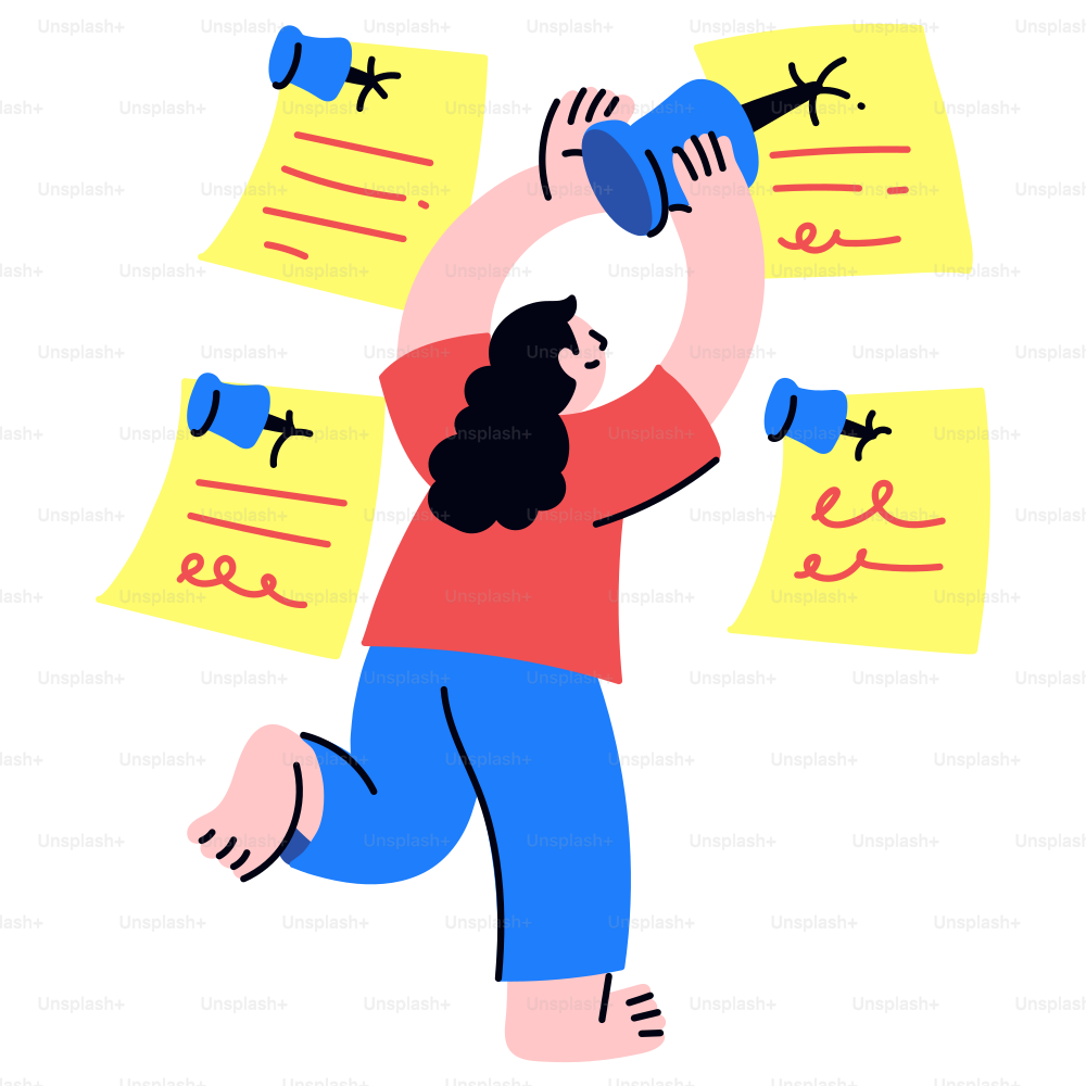 Mulher fixa notas em uma parede.