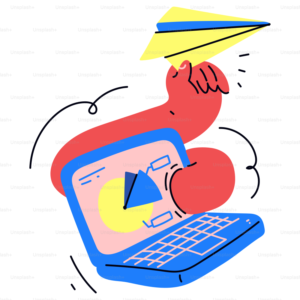 Eine Hand startet ein Papierflugzeug von einem Laptop aus.