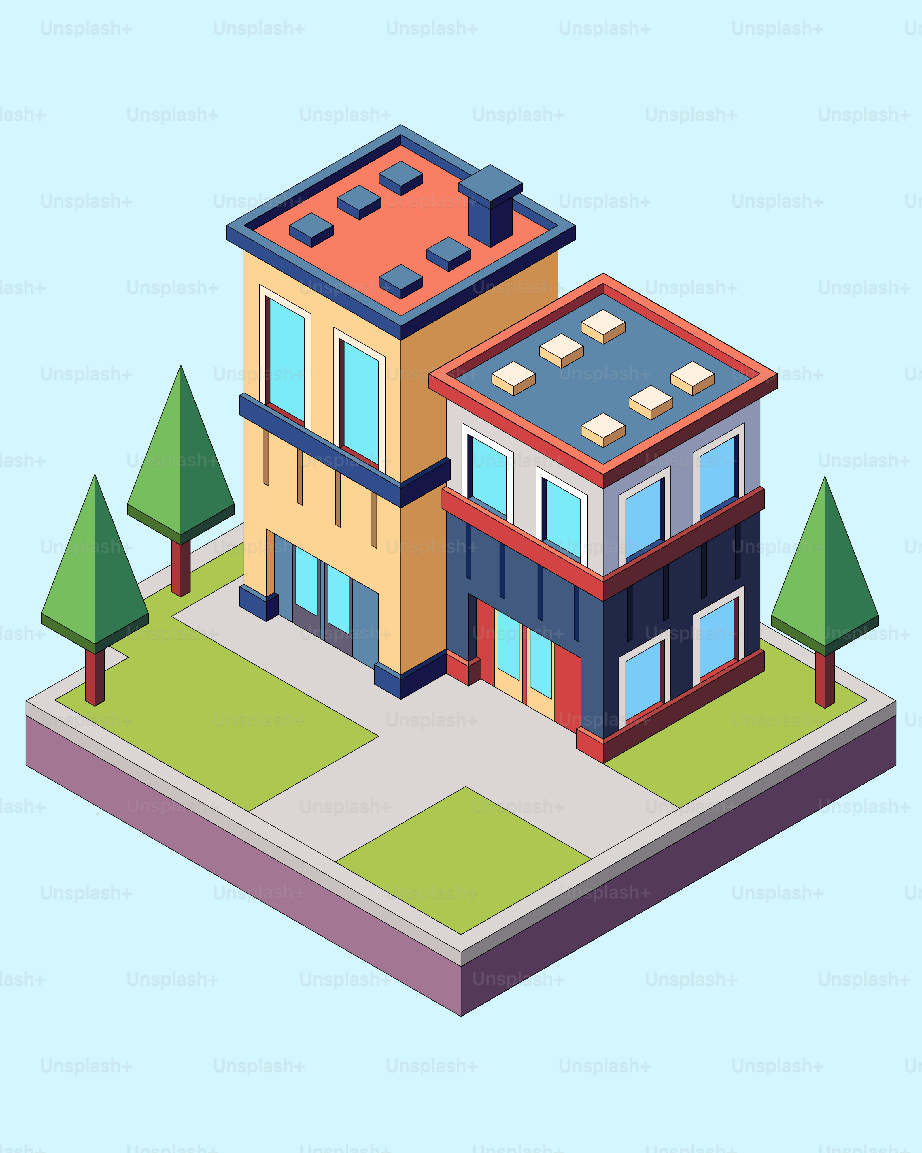 Isometric illustration of two buildings with trees.