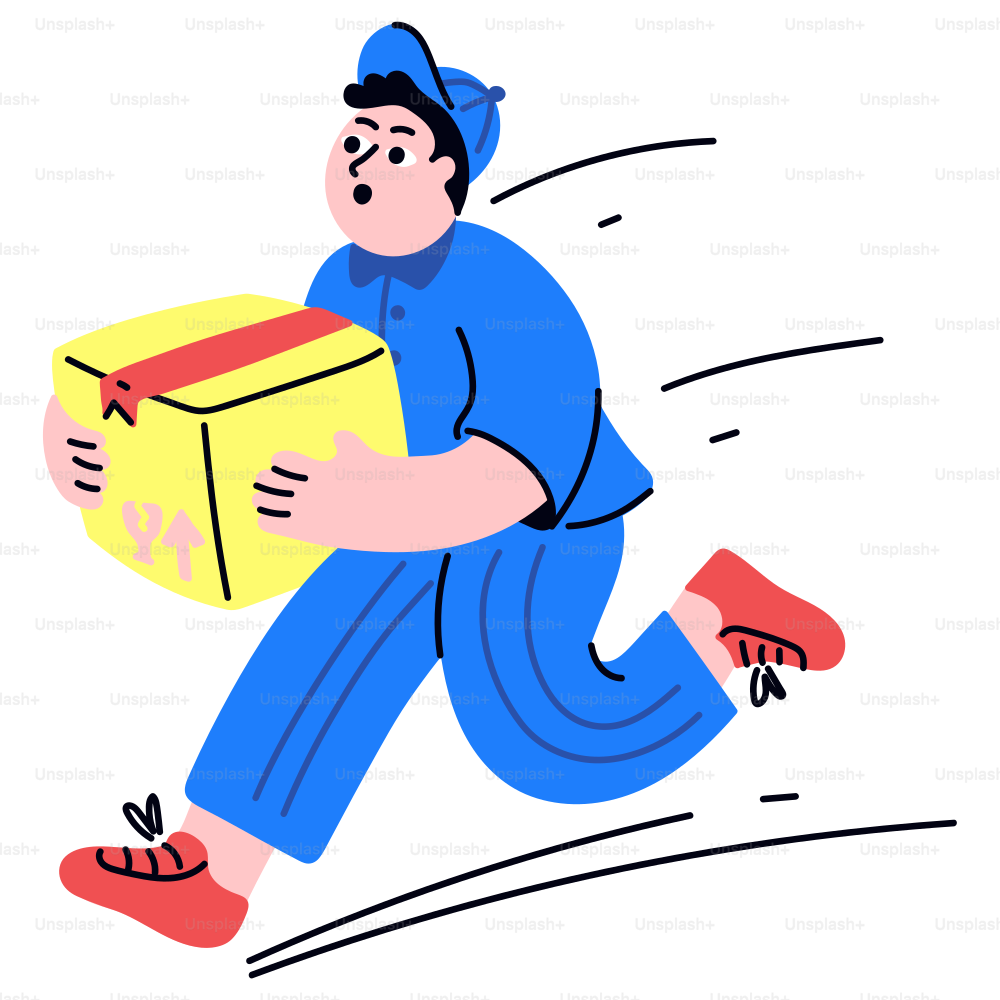Ein Zusteller läuft mit einem Paket herum.