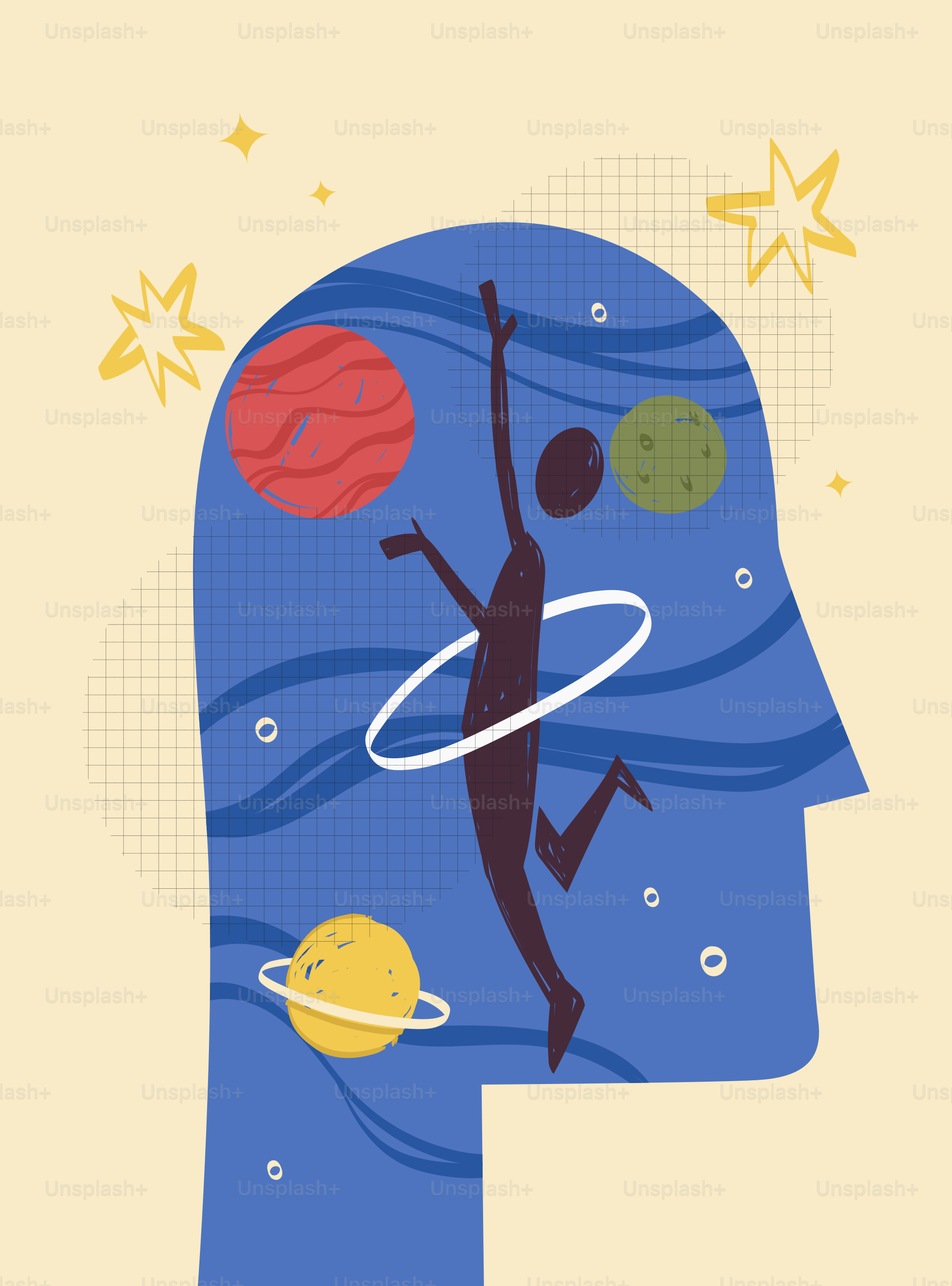 Mind filled with dancing figure, planets, and stars.