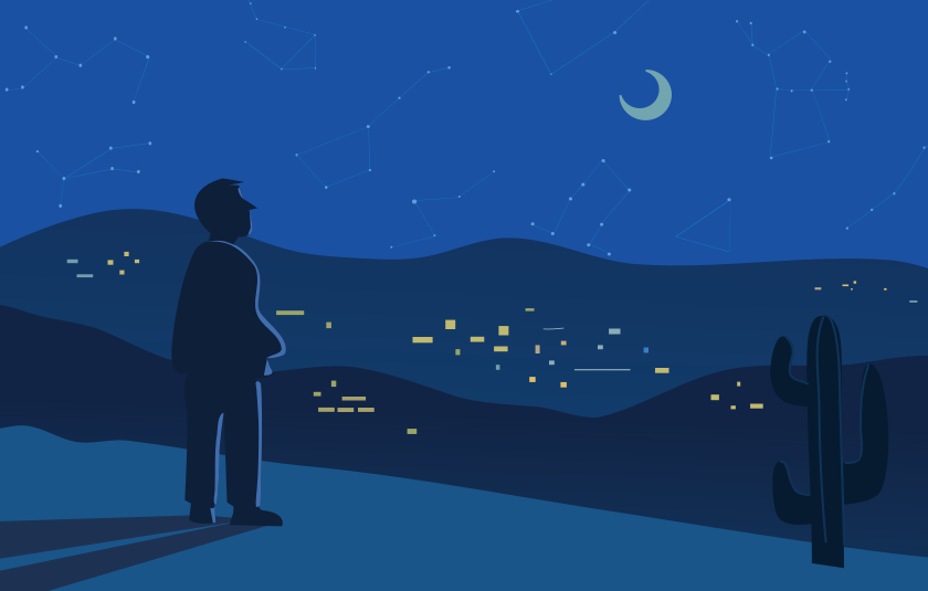 A man stands under a starry night sky.