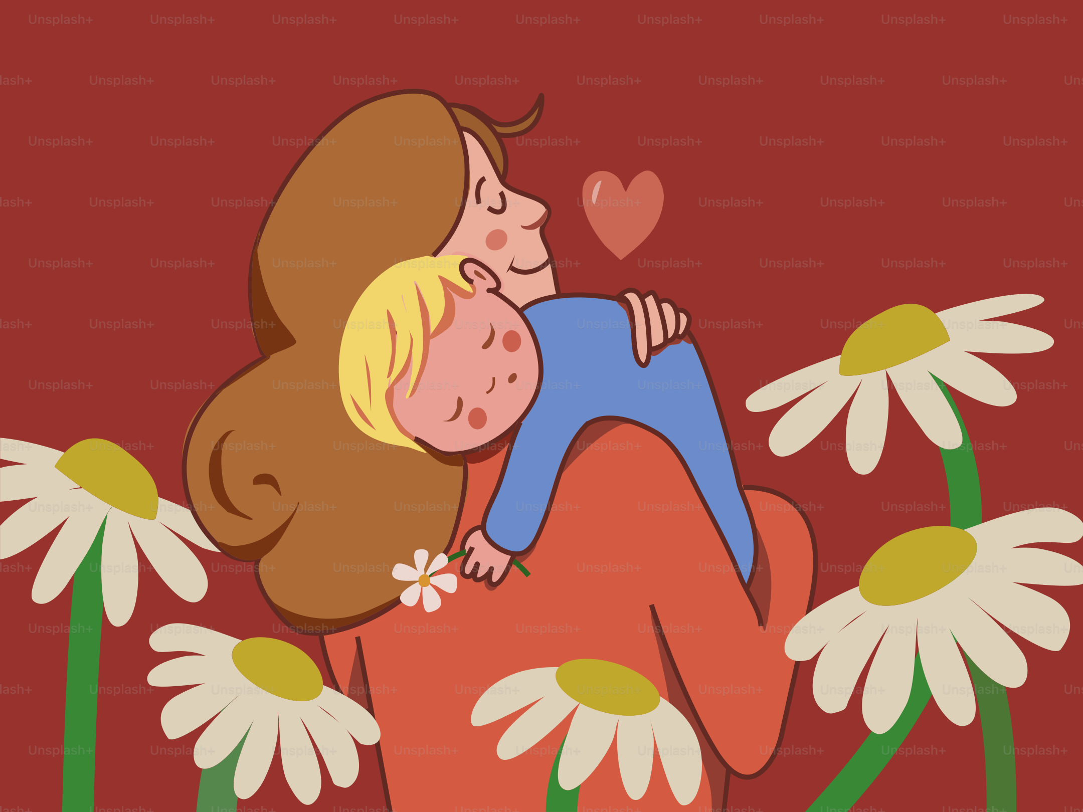 Mother lovingly holds sleeping child surrounded by flowers.