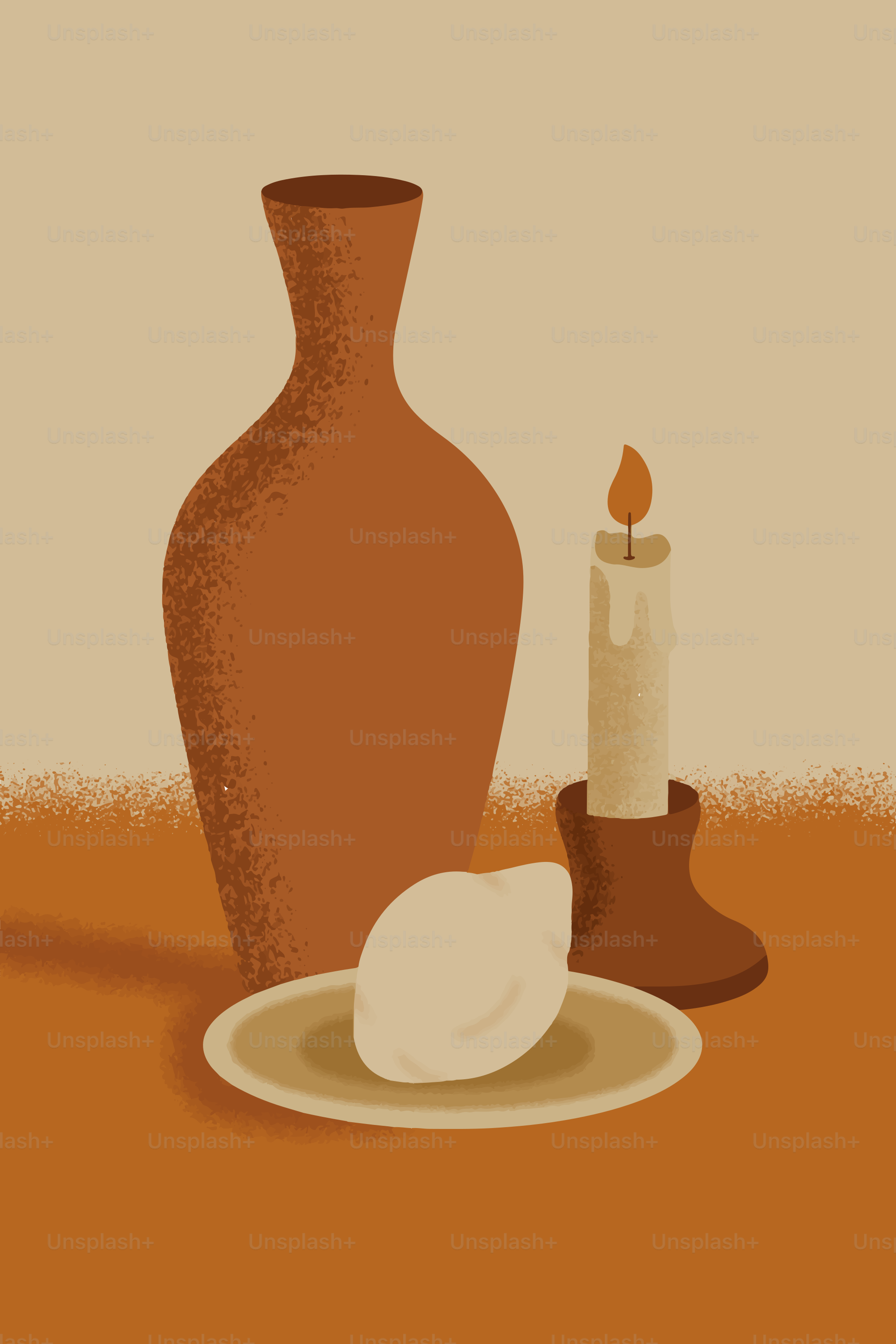 Vase, lemon, and candle create a serene still life.