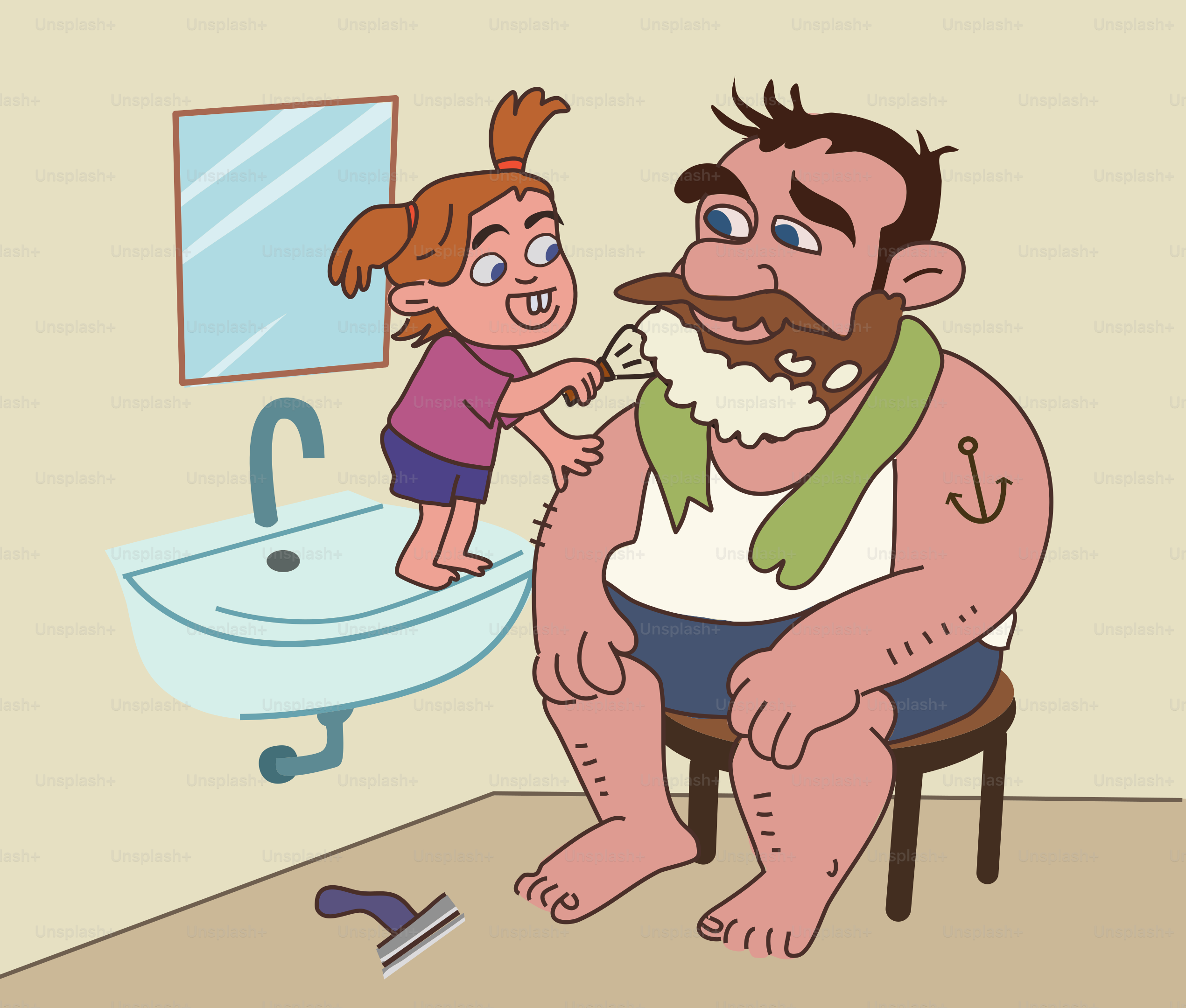 Una niña afeita la barba de su padre.