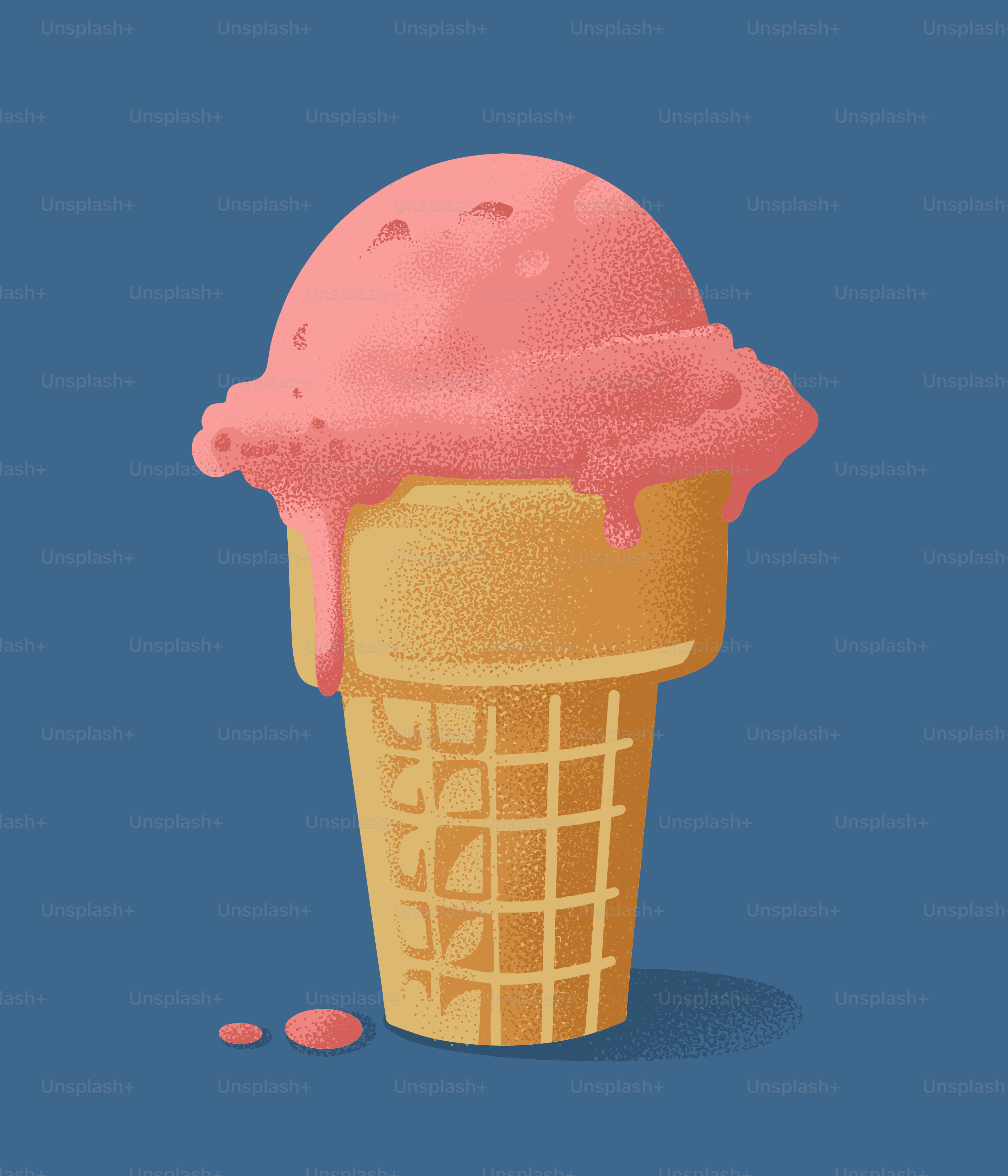 A pink ice cream cone is melting deliciously.