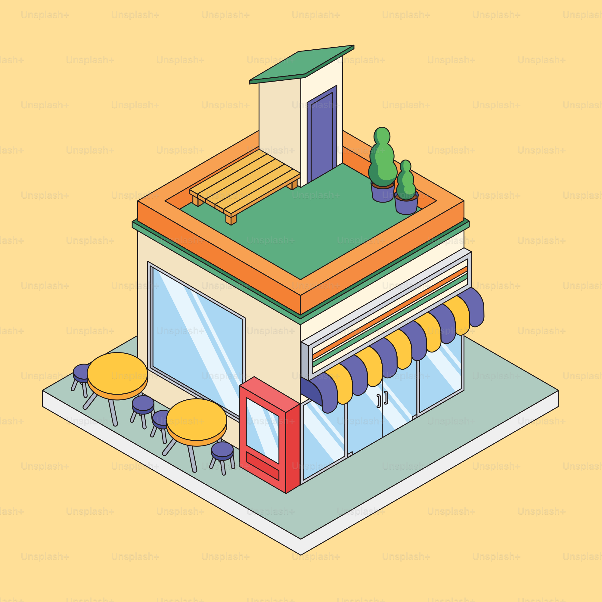 A colorful isometric building with patio.