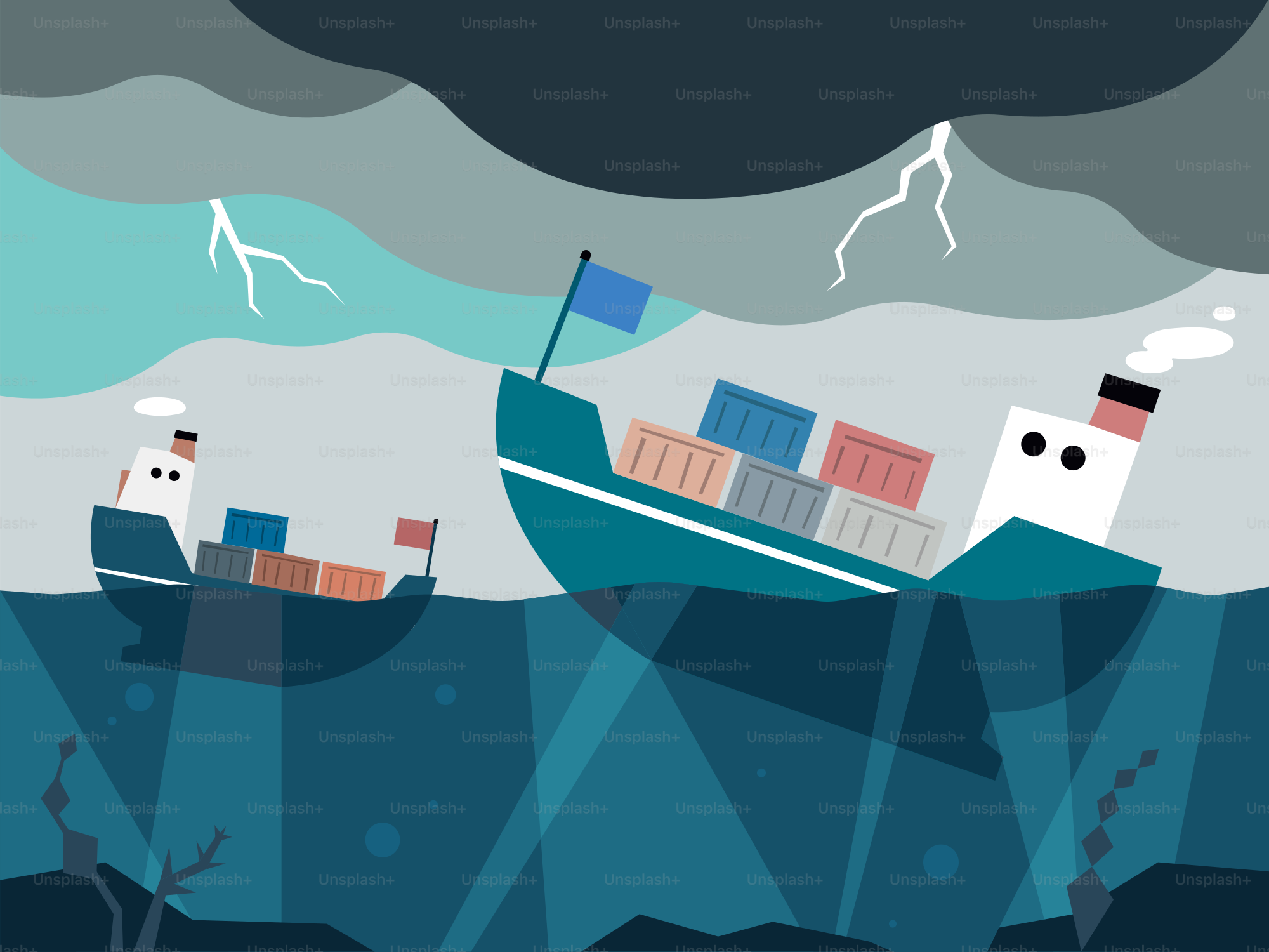 Stormy weather endangers cargo ships at sea.