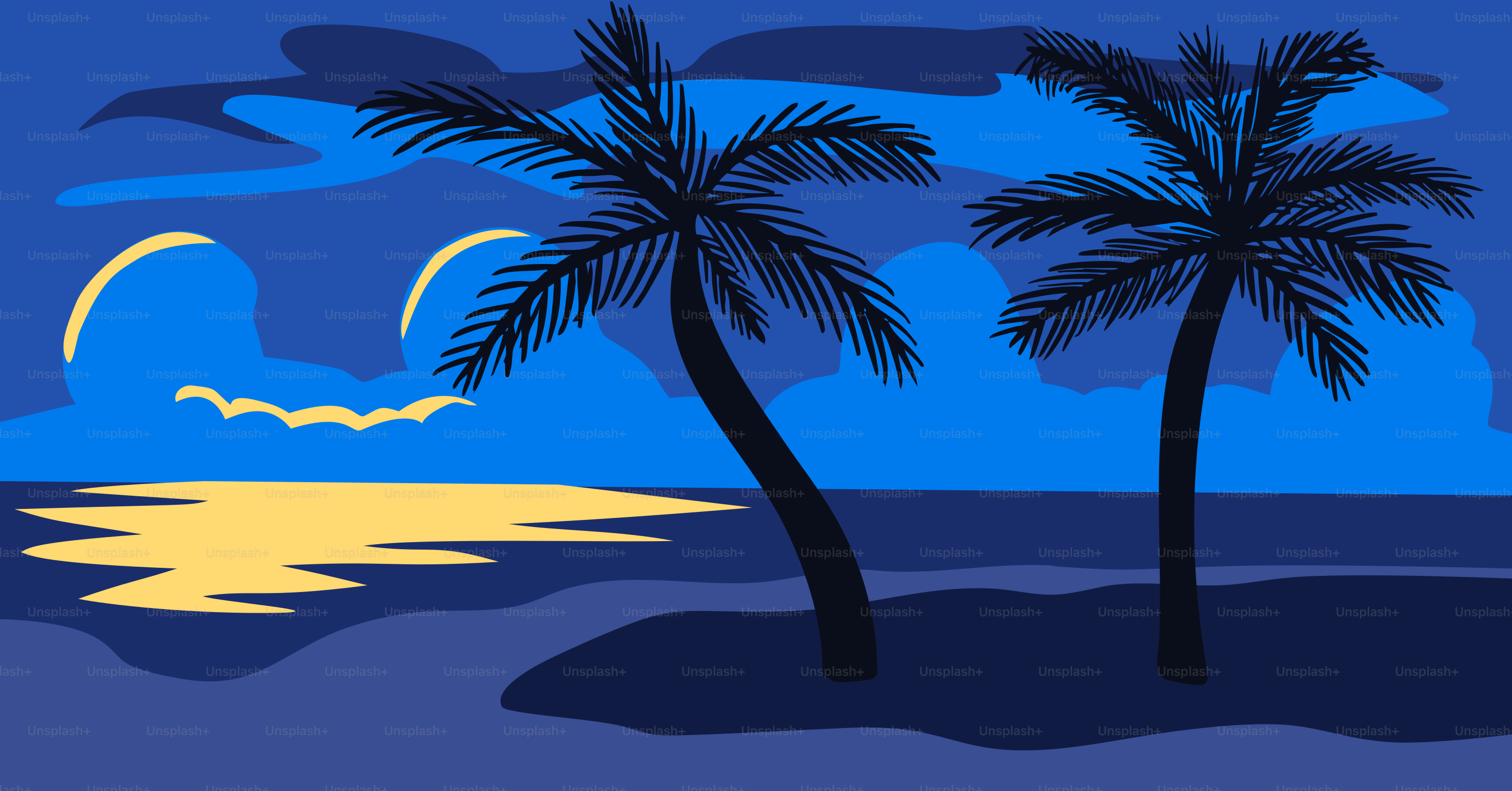 Palm trees silhouette a sunset over the ocean.