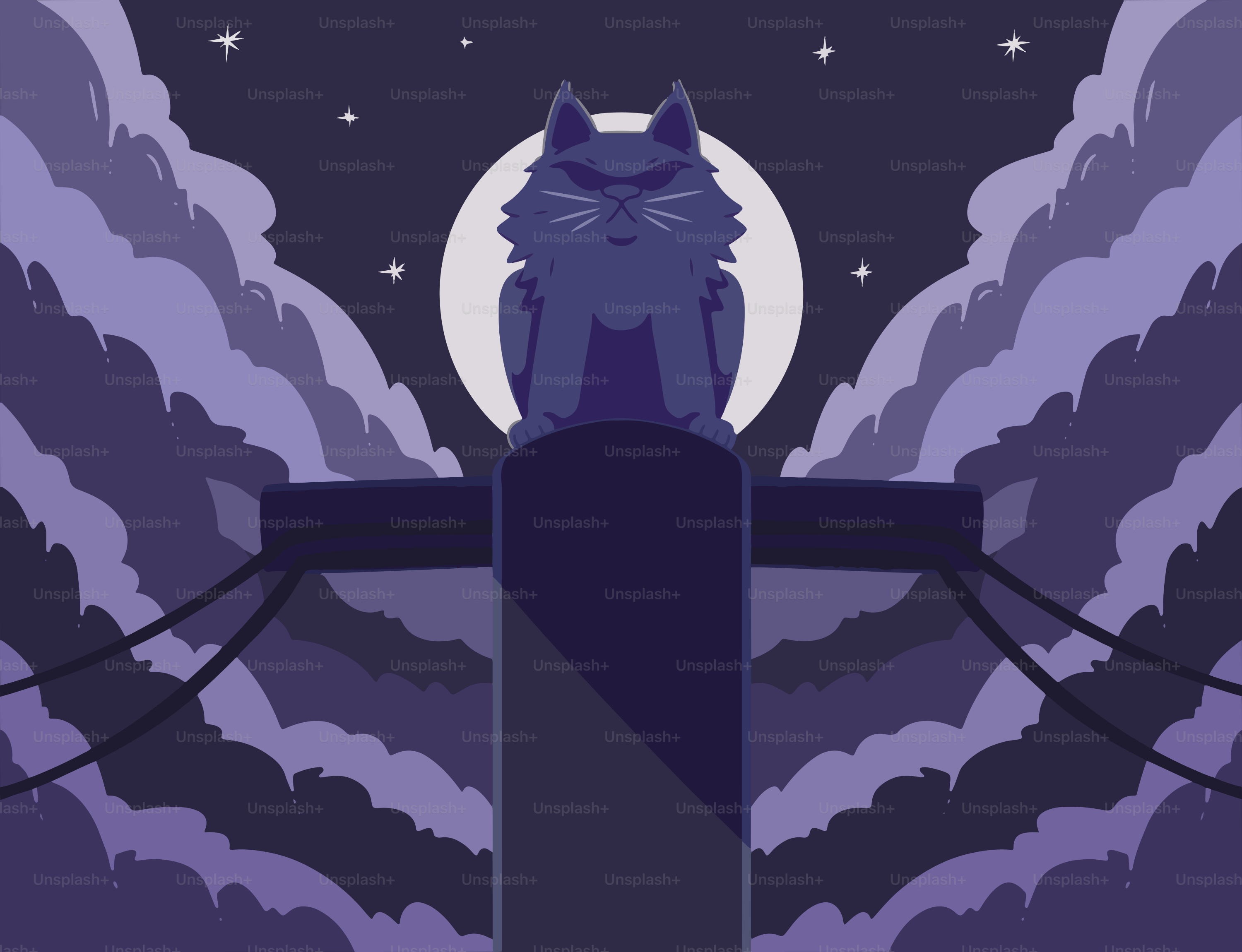 A spooky cat sits beneath a full moon.