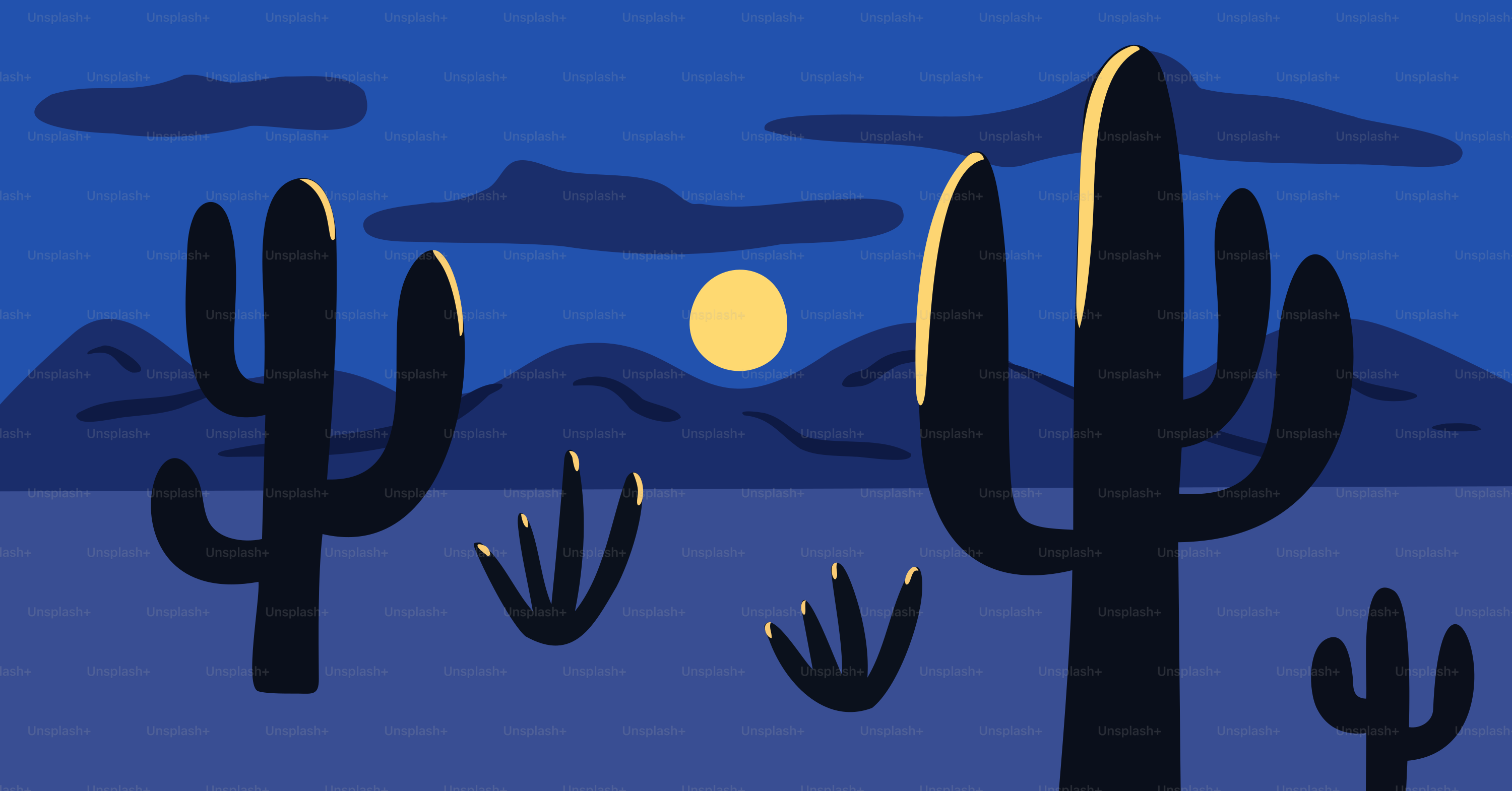 Scène désertique nocturne avec des cactus et une lune.