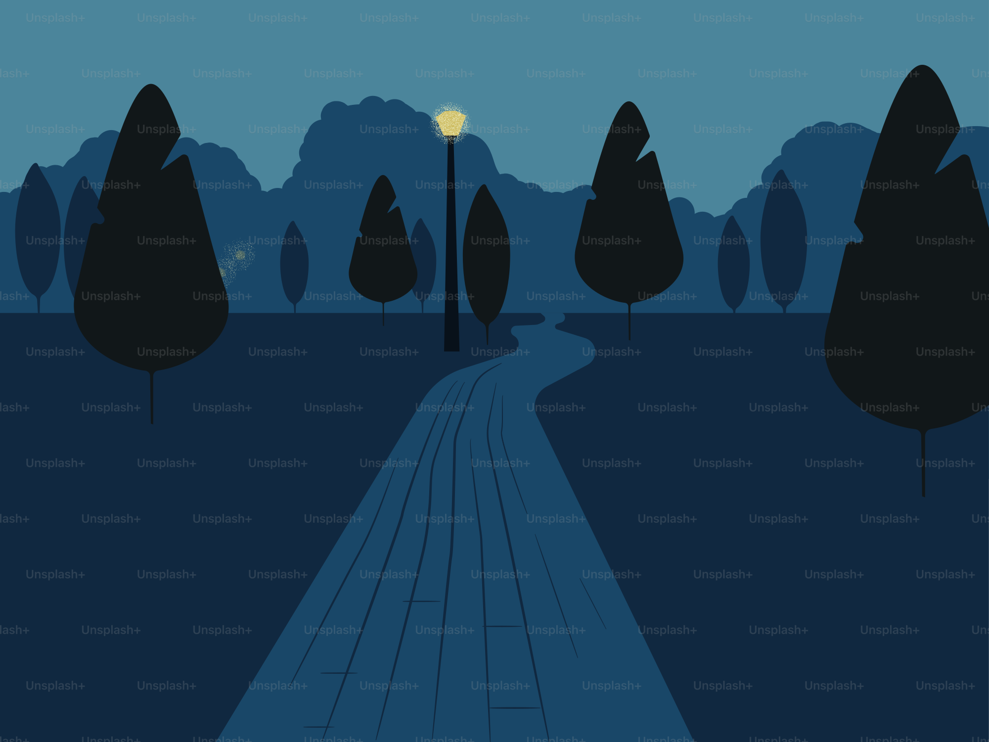 A path leads through the park at night.