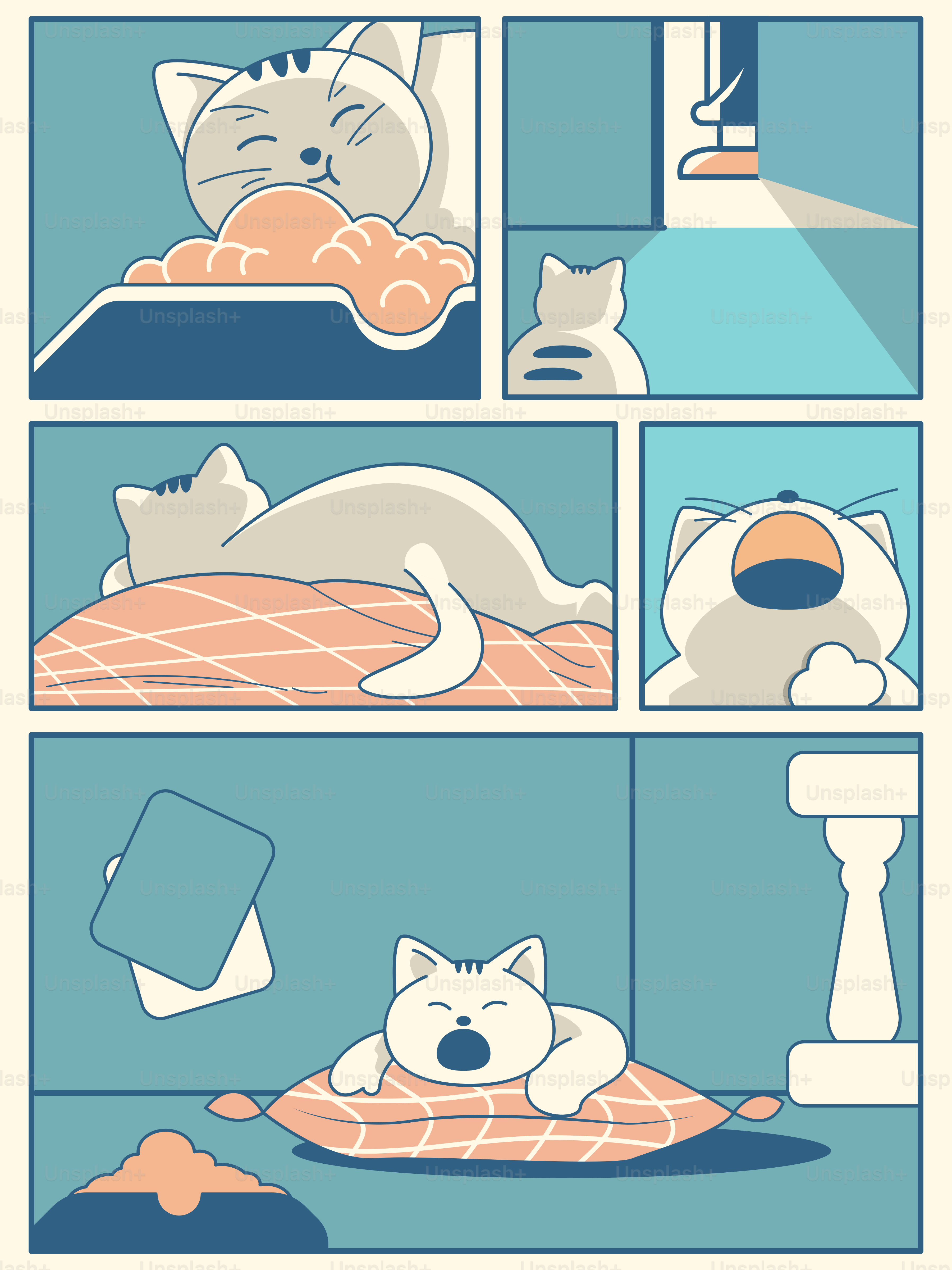 La giornata di un gatto: mangiare, fare un pisolino e sbadigliare.
