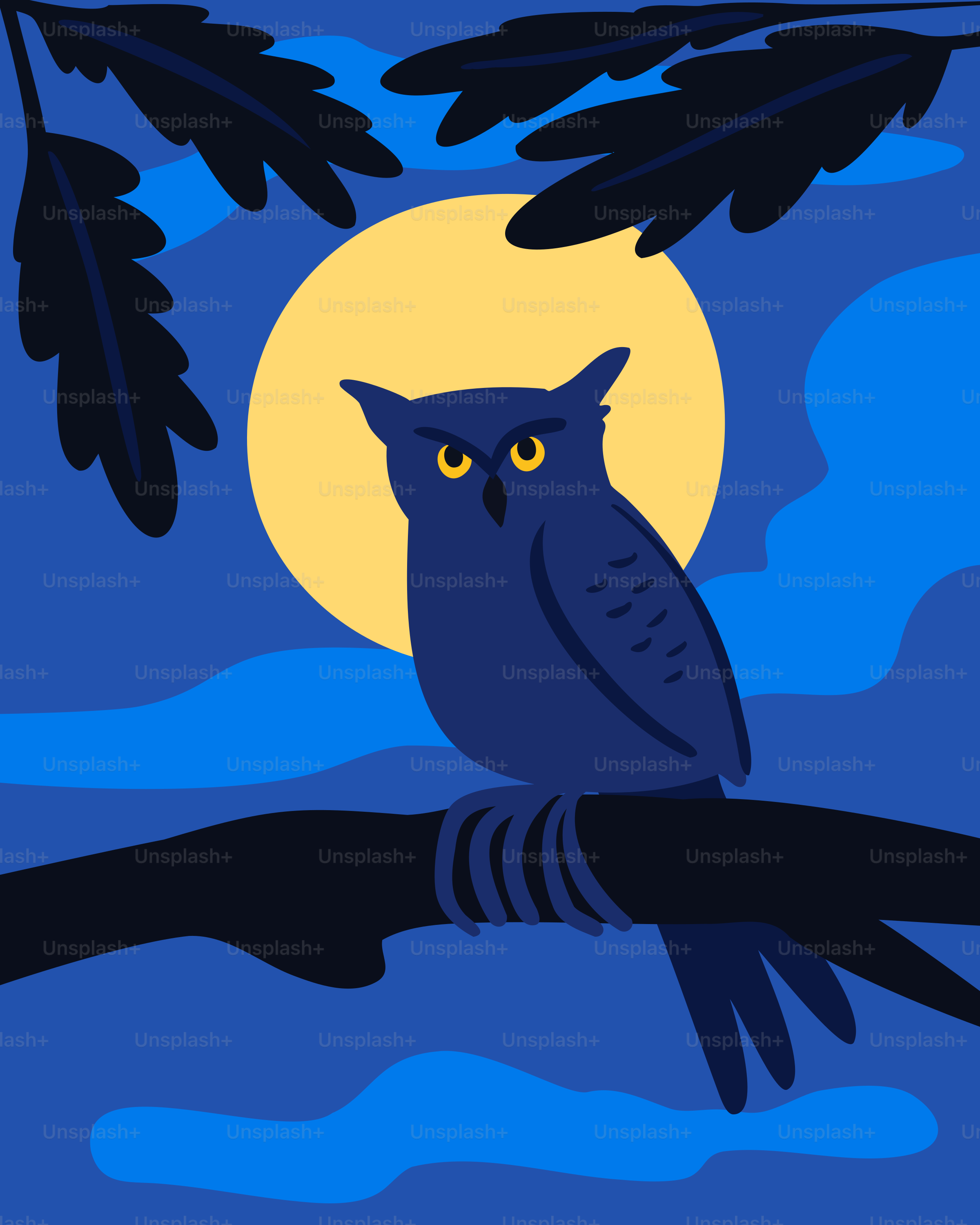 An owl sits on a branch under a full moon.