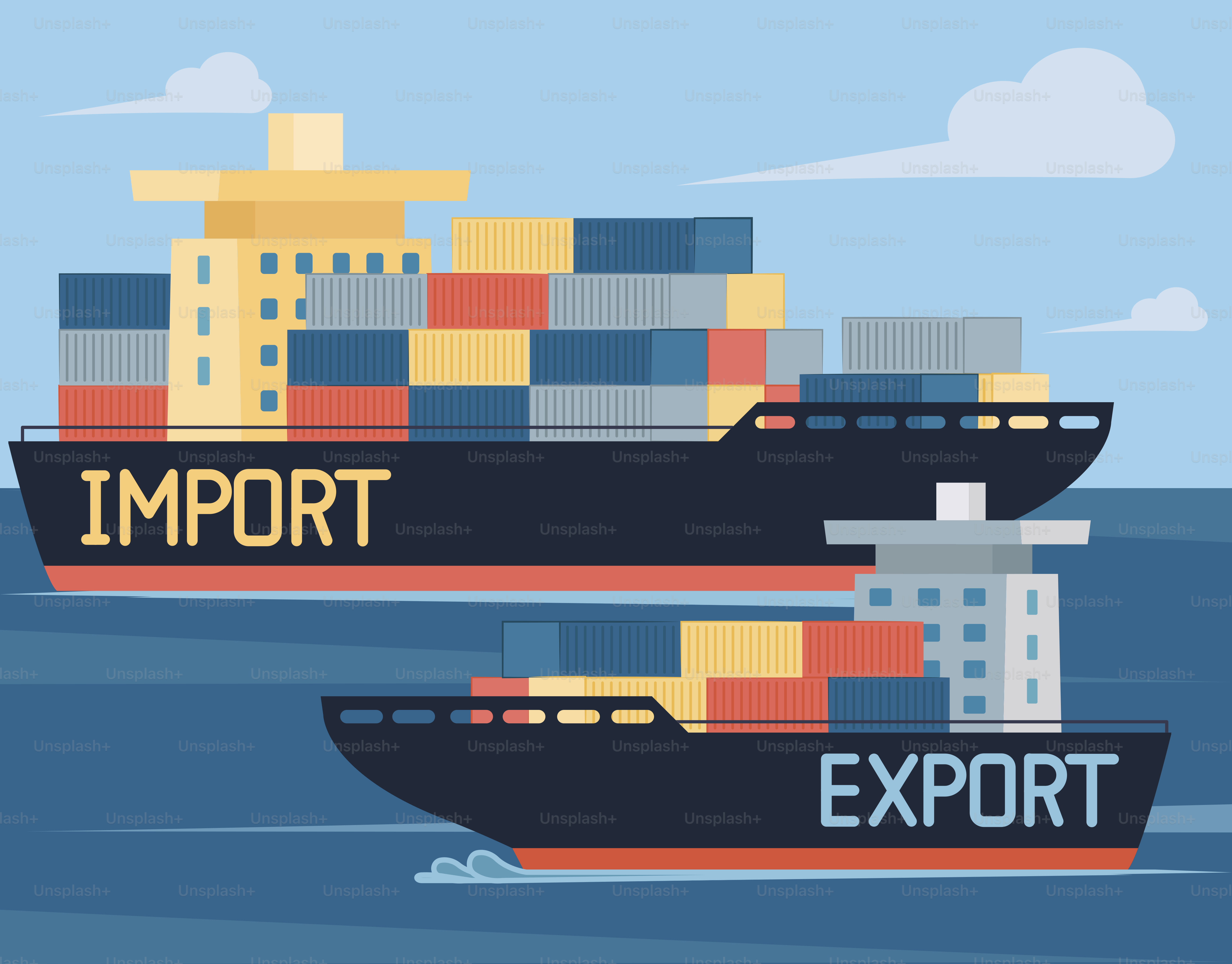 Import and export ships on the sea.