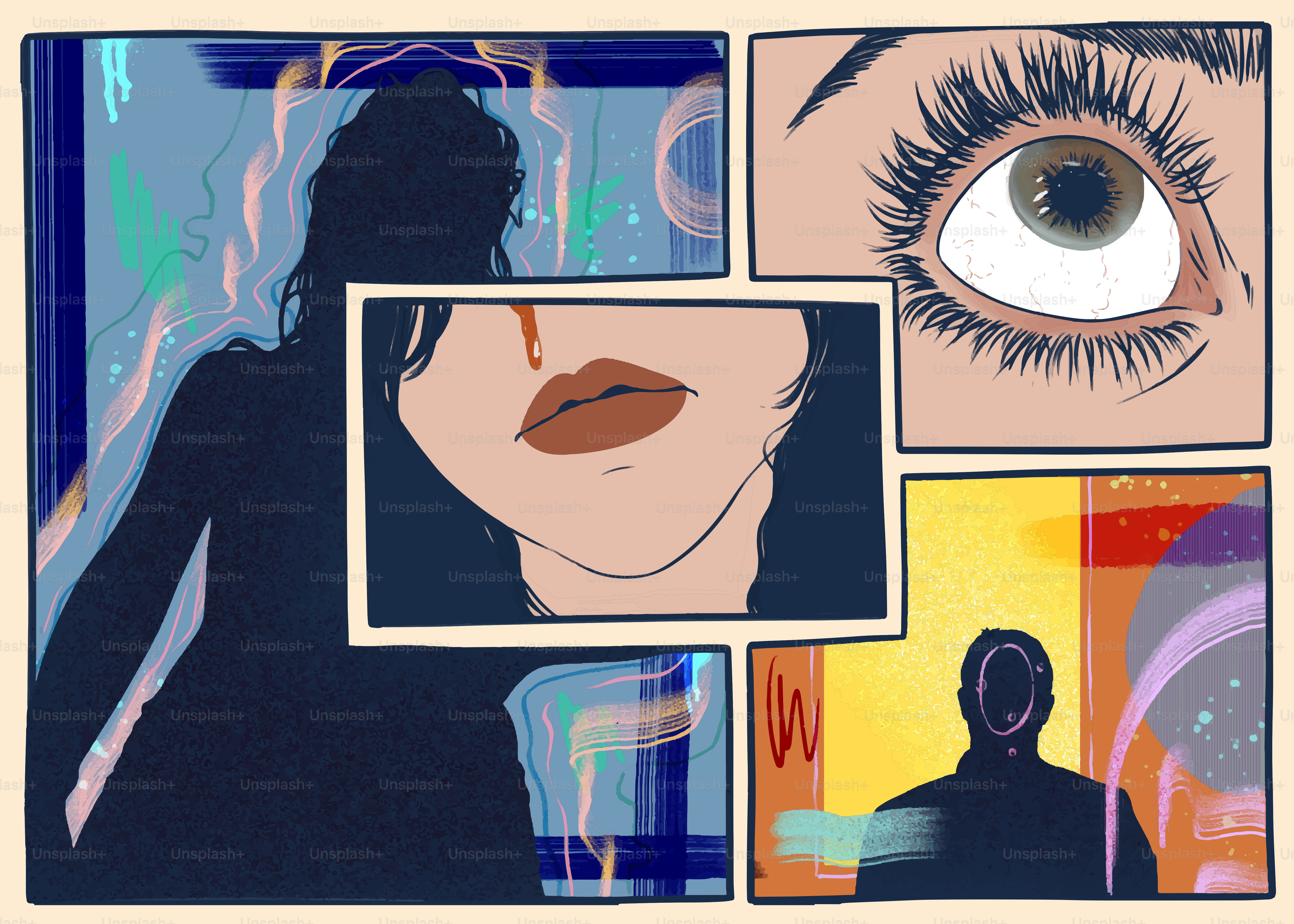 A comic panel shows various perspectives of a woman.