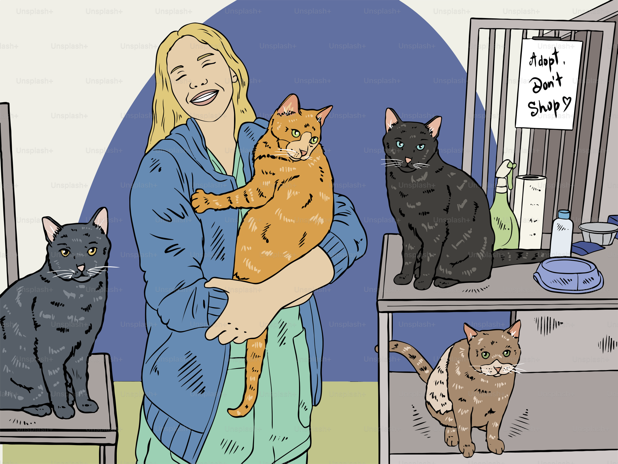 Woman happily embraces a cat in a pet shelter.