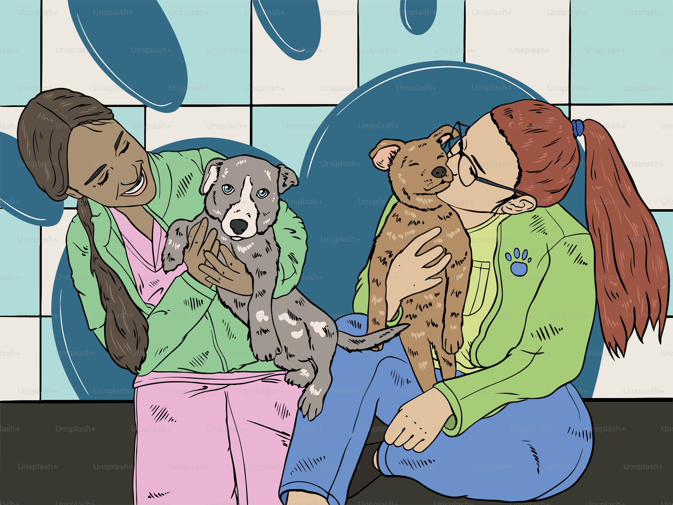 Two women hug and hold cute puppies.