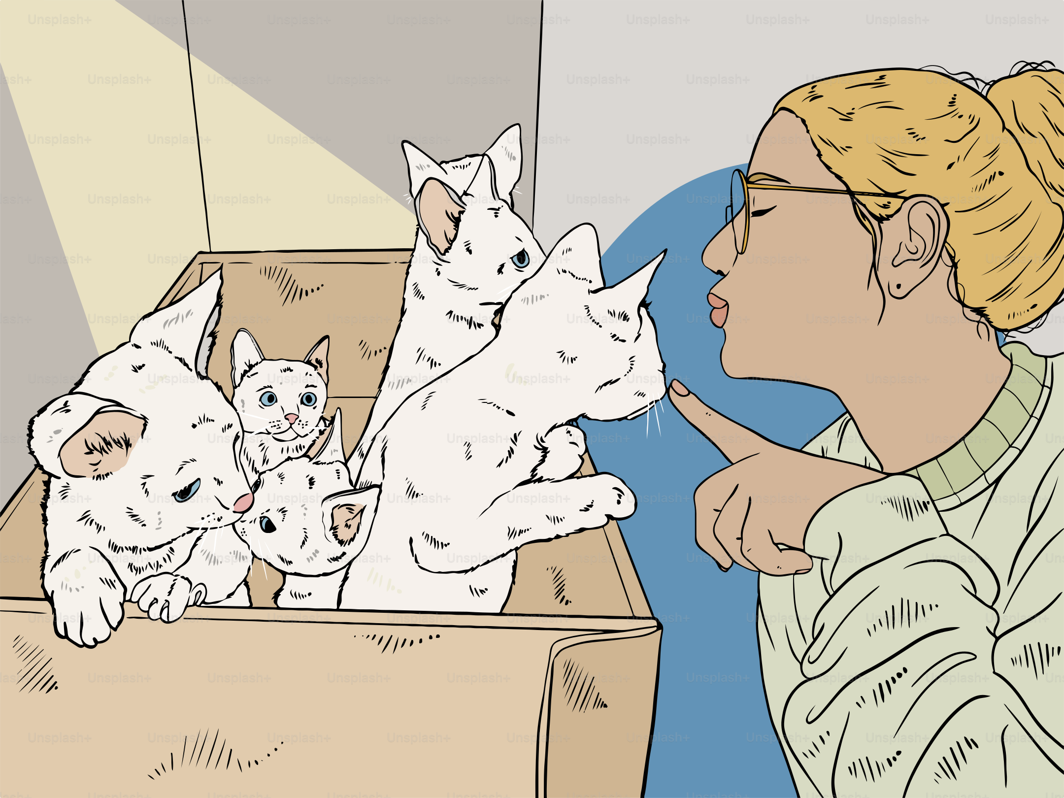 A woman interacts with a box of kittens.