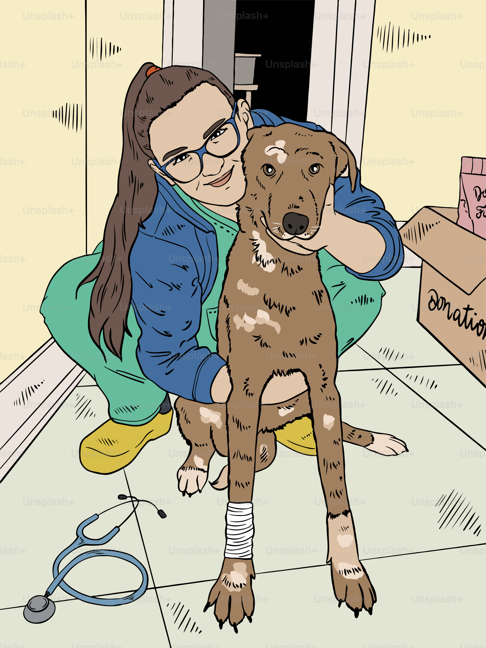 A woman embraces a dog in need of care.