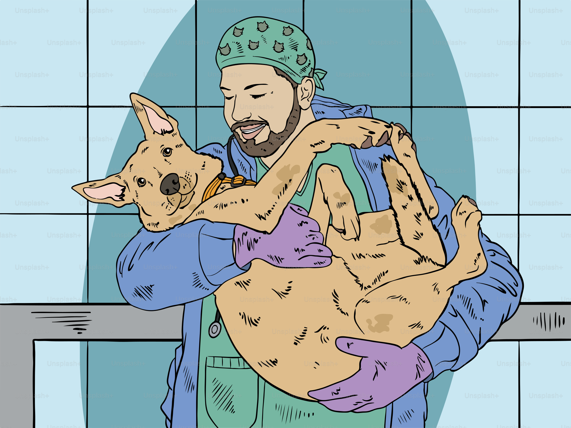 A veterinarian hugs and holds a happy dog.