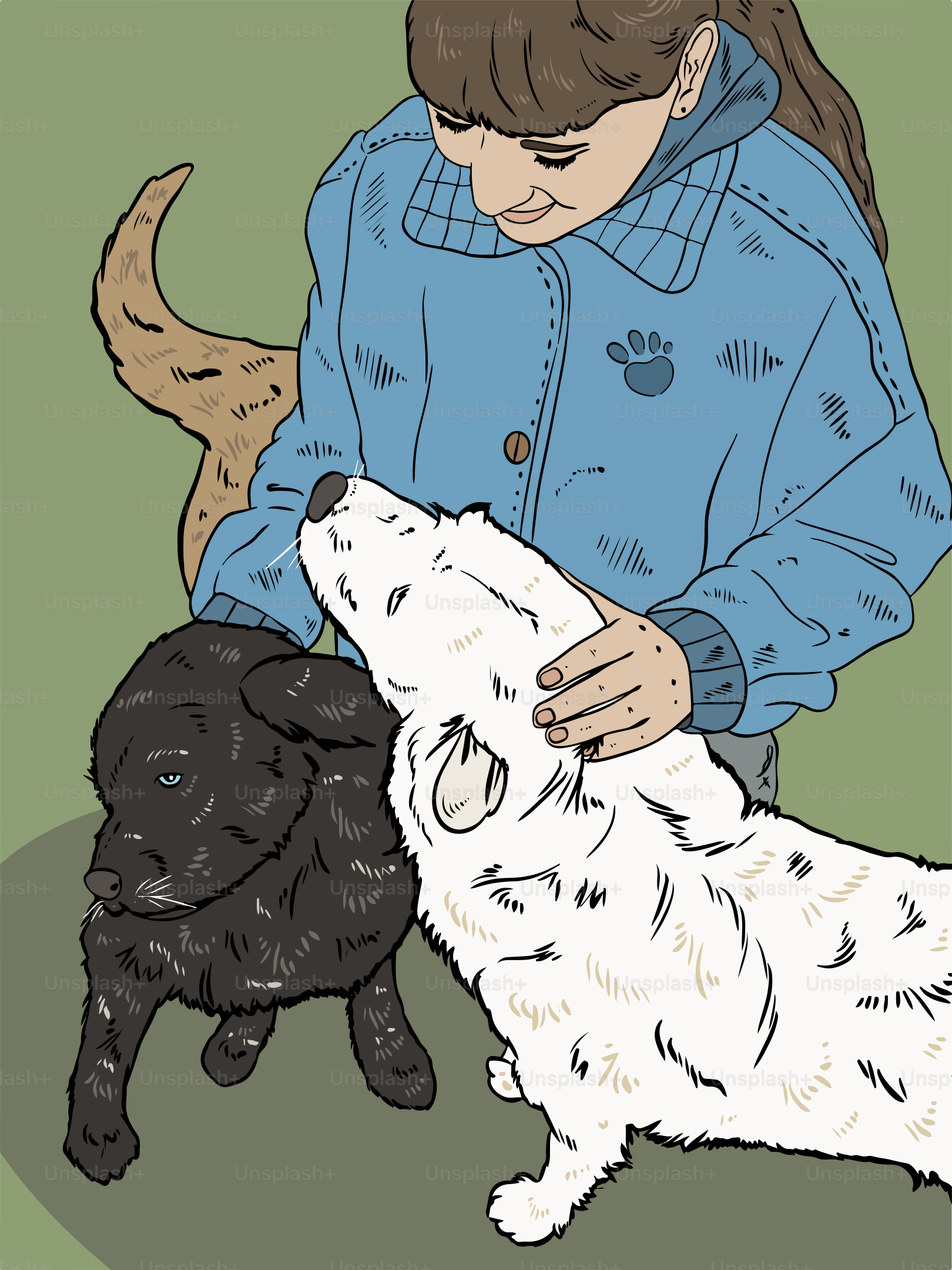 A woman pets two dogs affectionately.