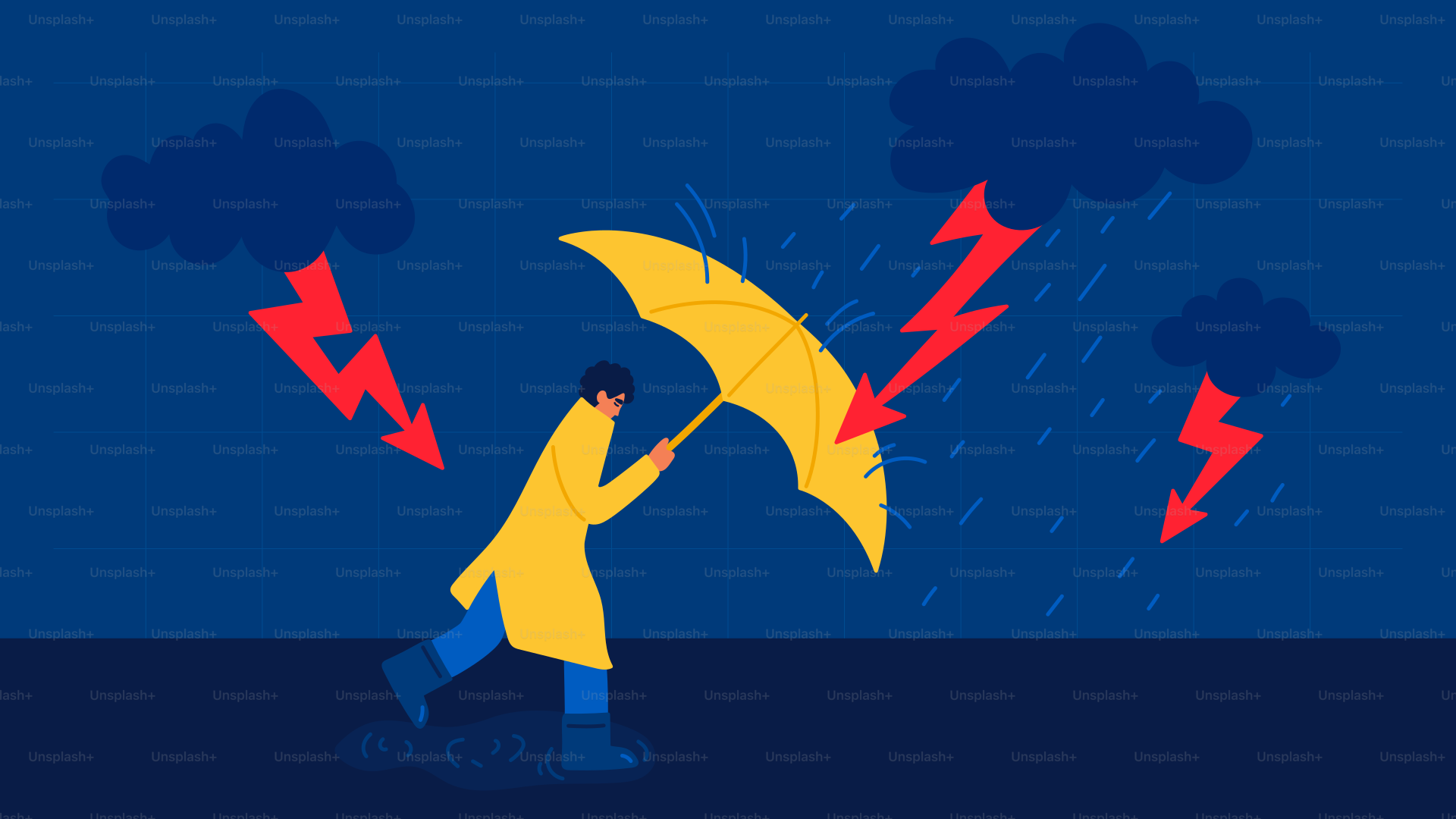 Person struggles against a thunderstorm with an umbrella.