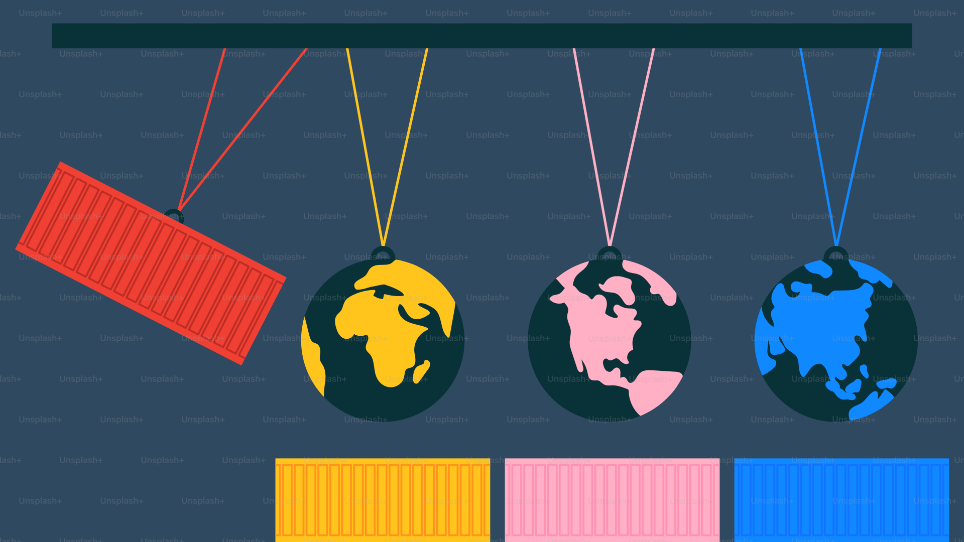 Cargo container swings over earth's colored continents.