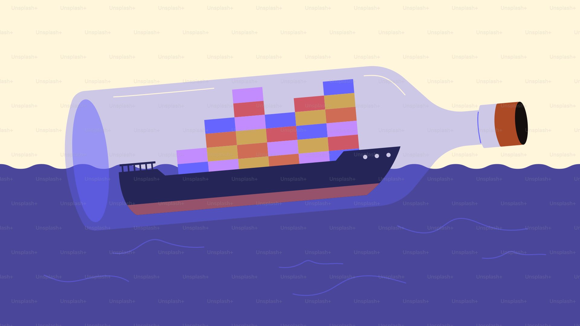 A cargo ship in a bottle on water.