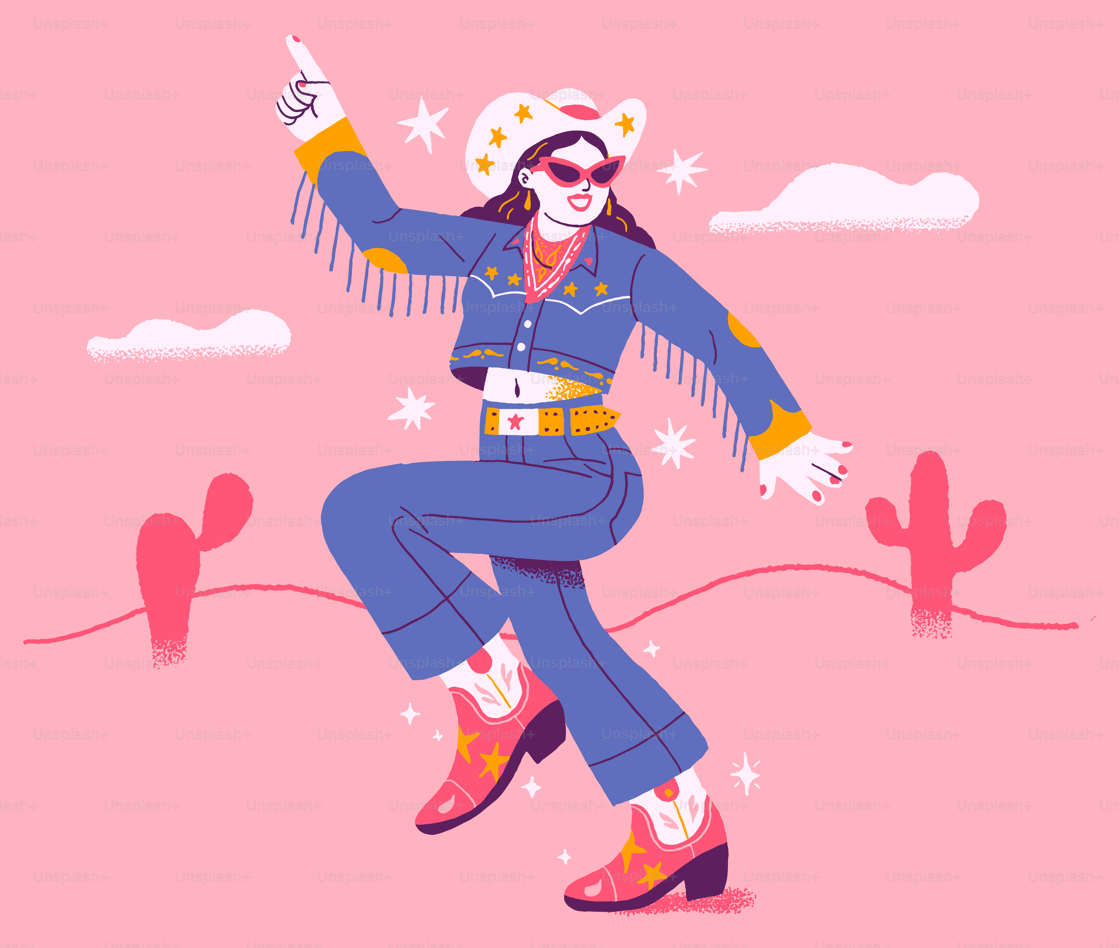 A cowgirl is dancing joyfully in the desert.