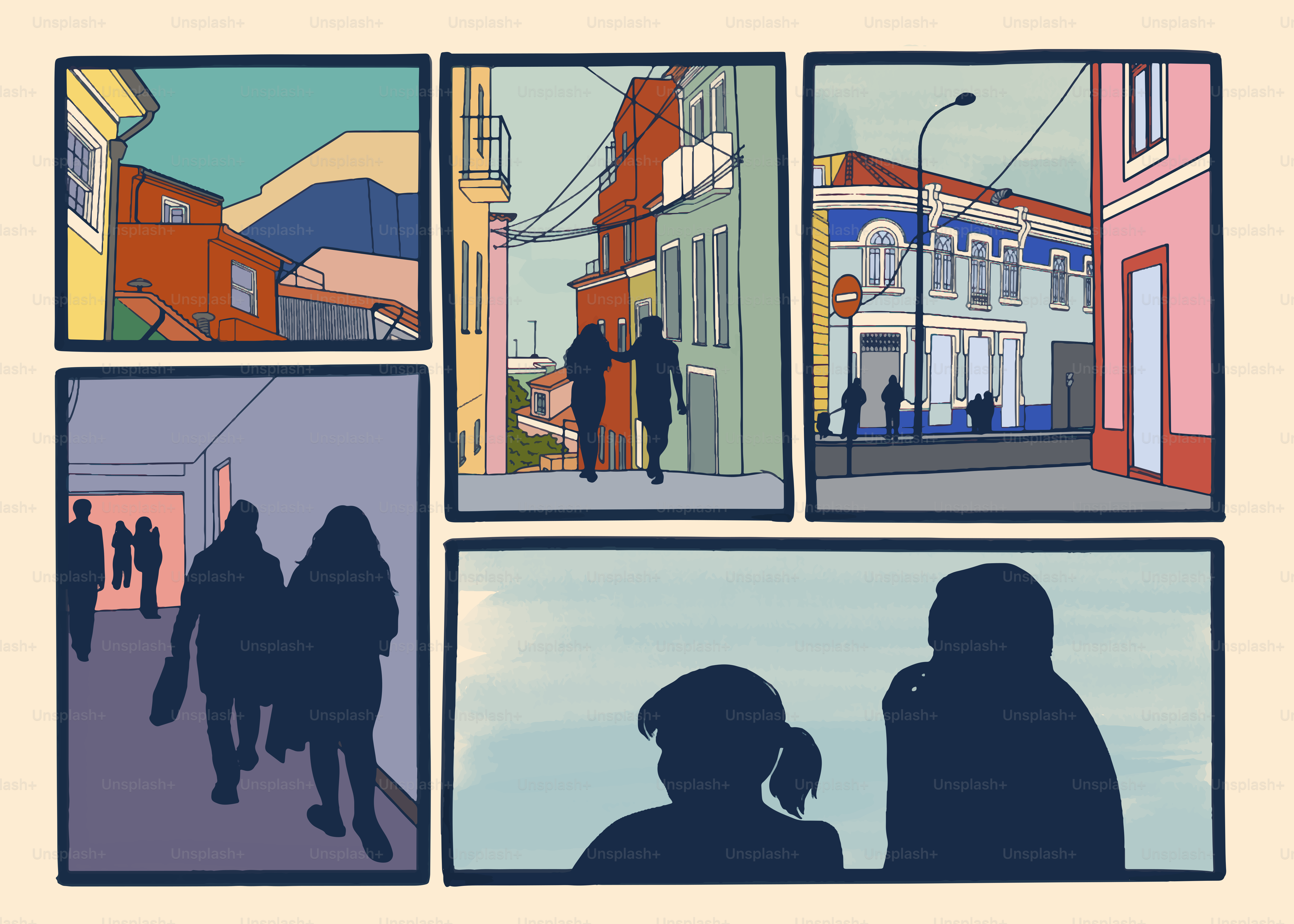 A comic book style image depicts city scenes.