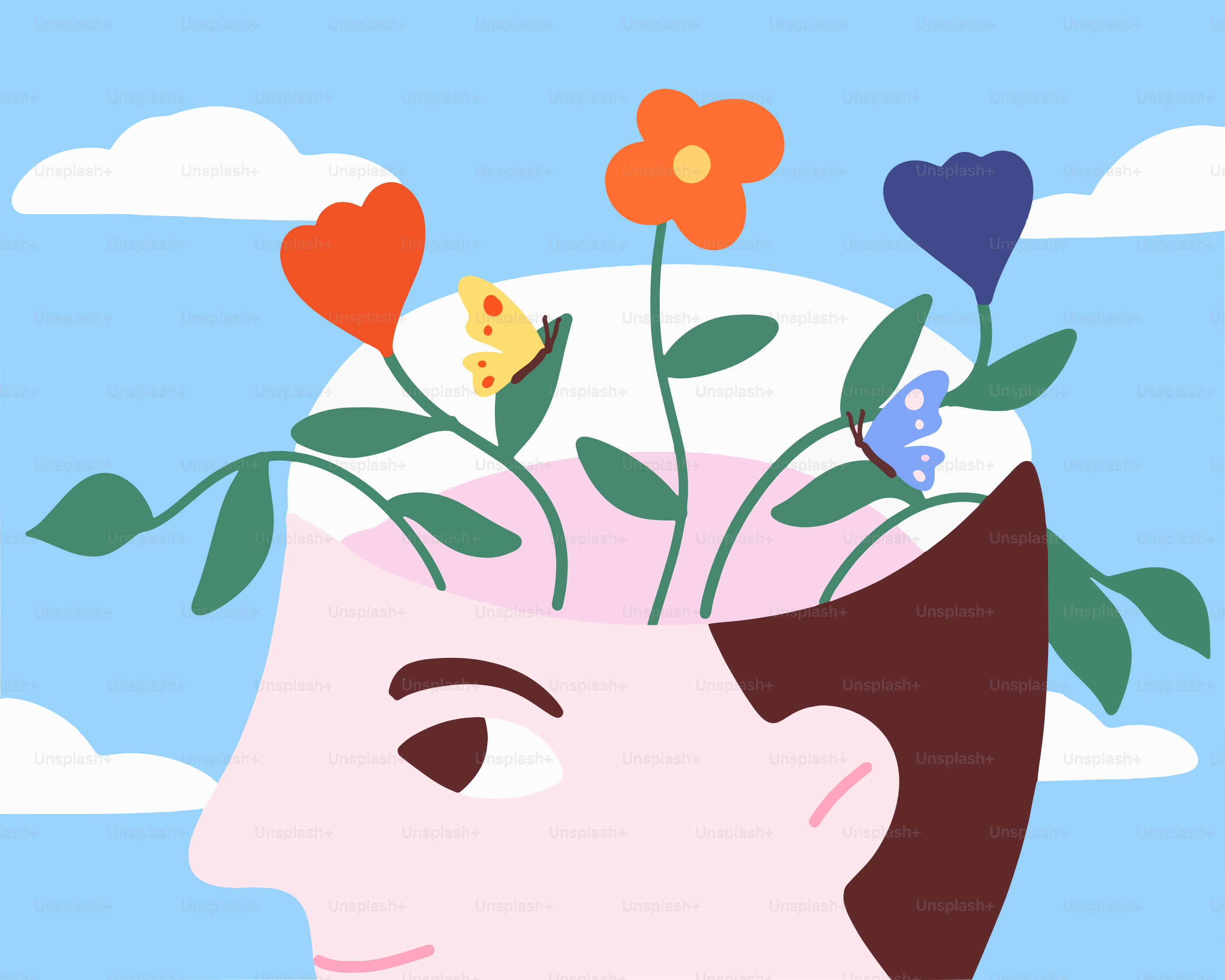 Las flores crecen desde la cabeza abierta.