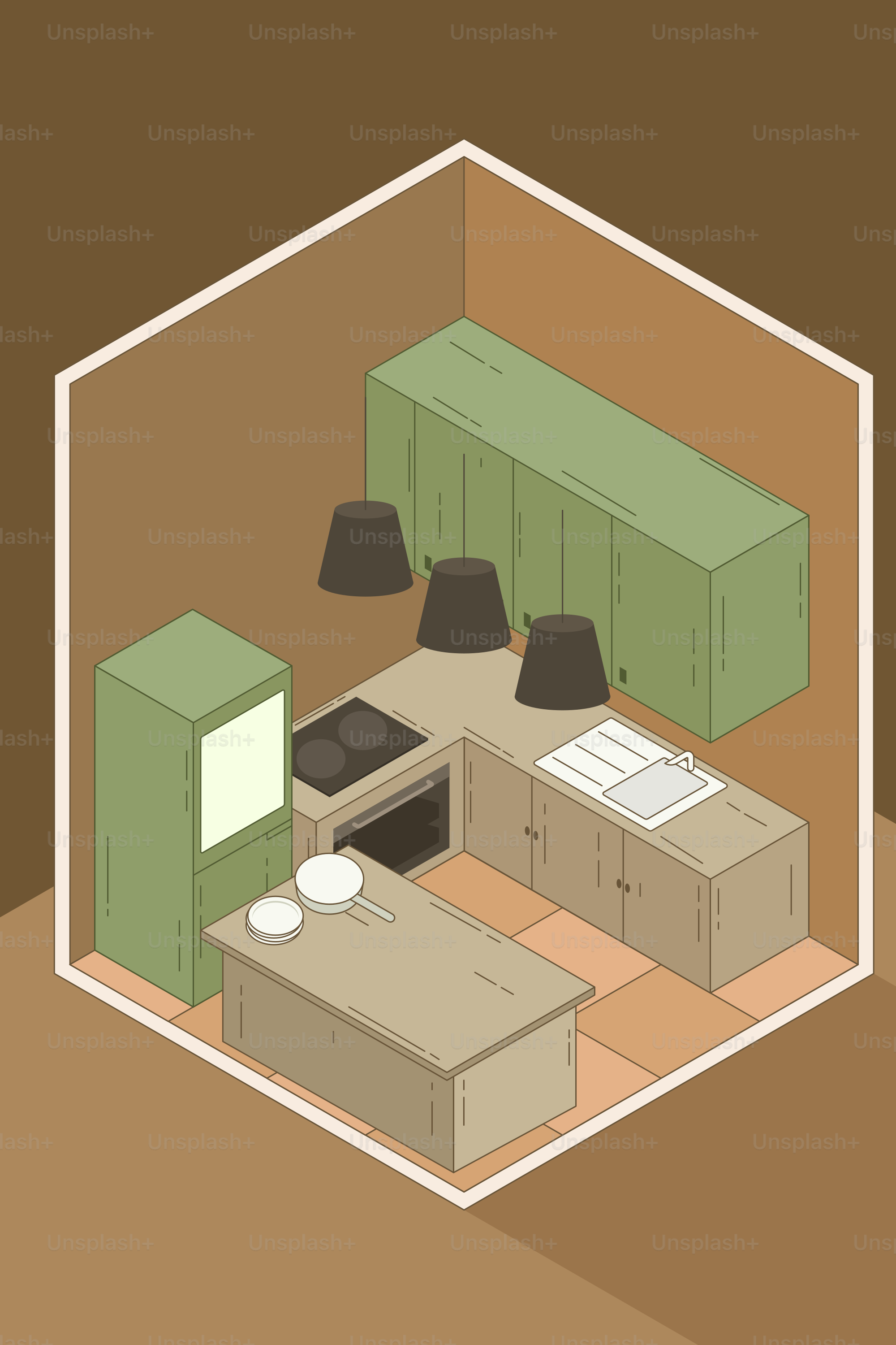 A modern kitchen with green cabinets.