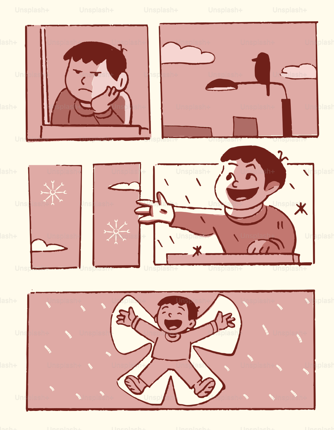 Le garçon passe de la tristesse à la joie dans la neige.