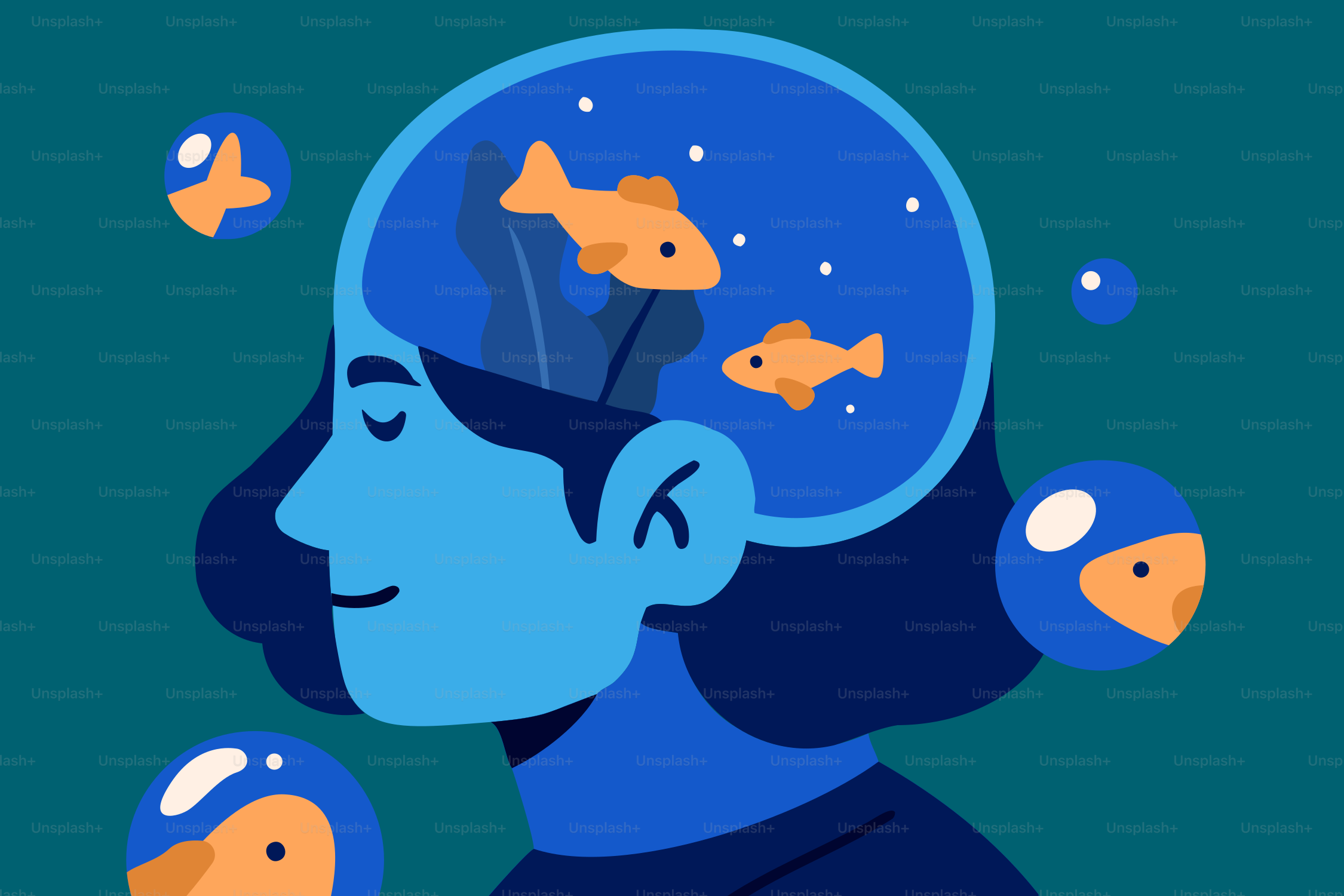 The brain holds fish and thoughts of the ocean. vector – Illustration ...