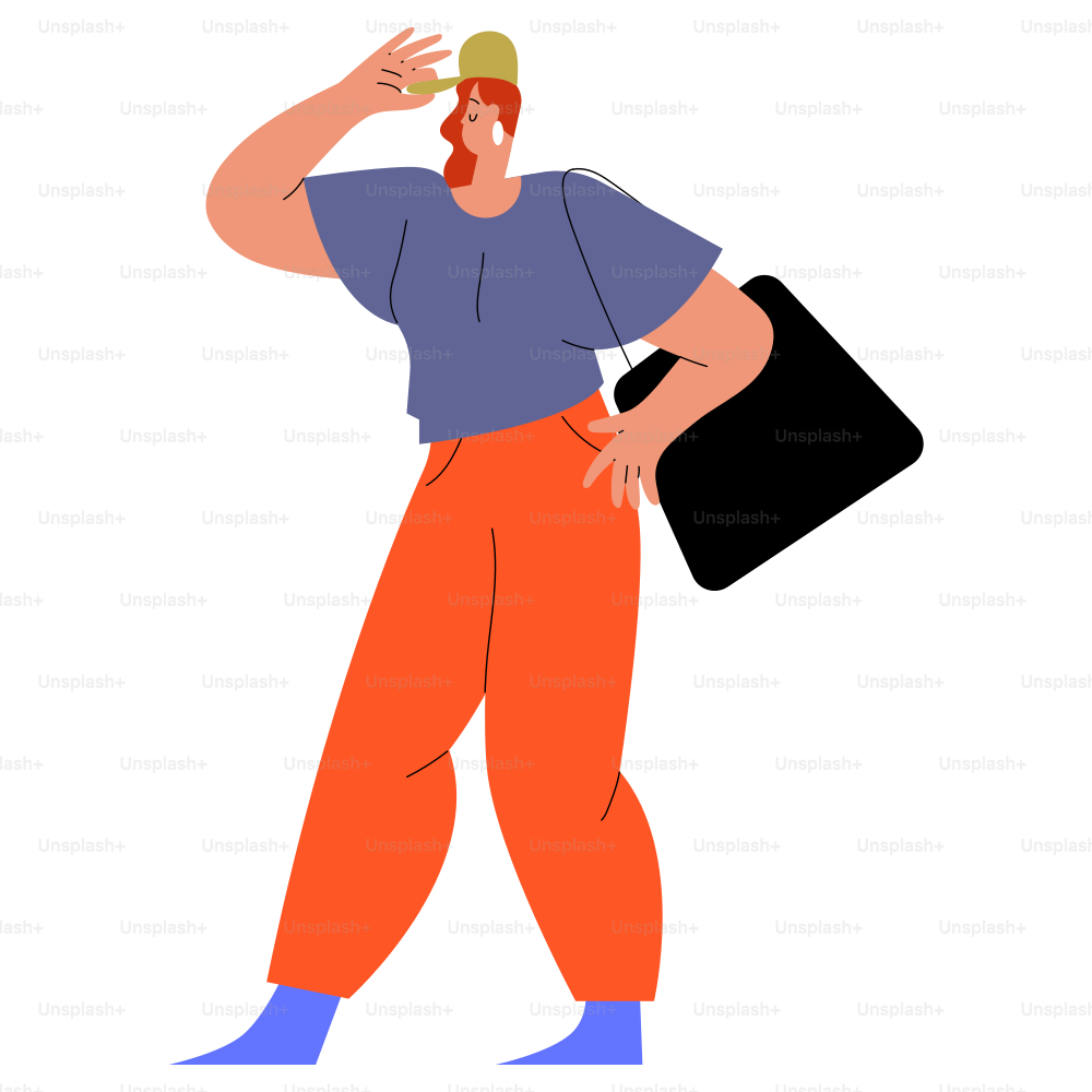 Woman is adjusting her hat and carrying a bag.