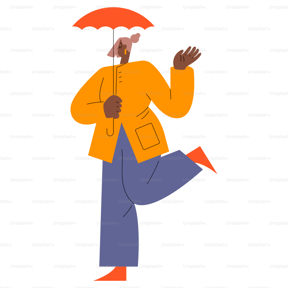 Una persona cammina felicemente sotto la pioggia con un ombrello.  vettoriale – Immagine di Illustrazione su Unsplash, image size:3000x3000