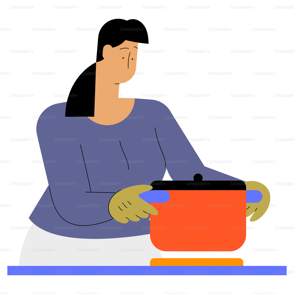 Frau kocht in einem Topf auf dem Herd.