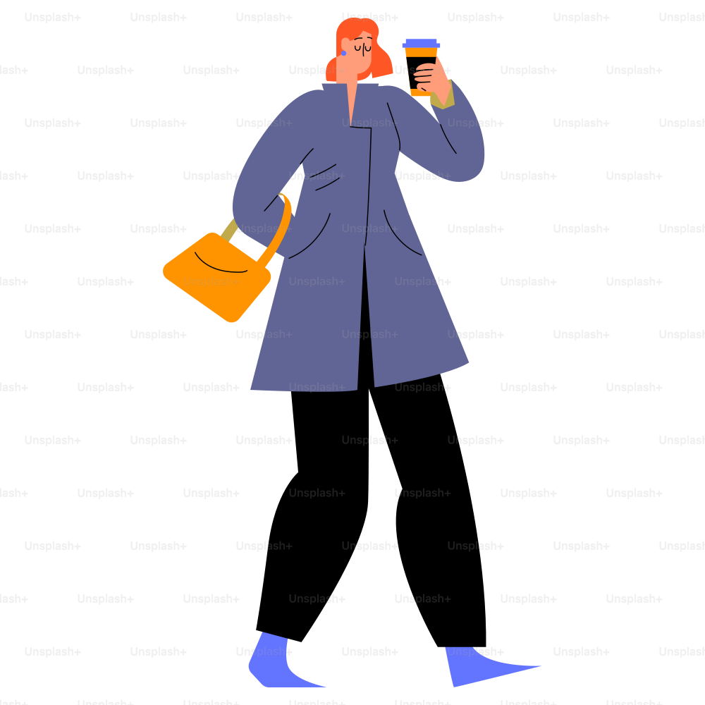 A woman walks, holding coffee and a purse.