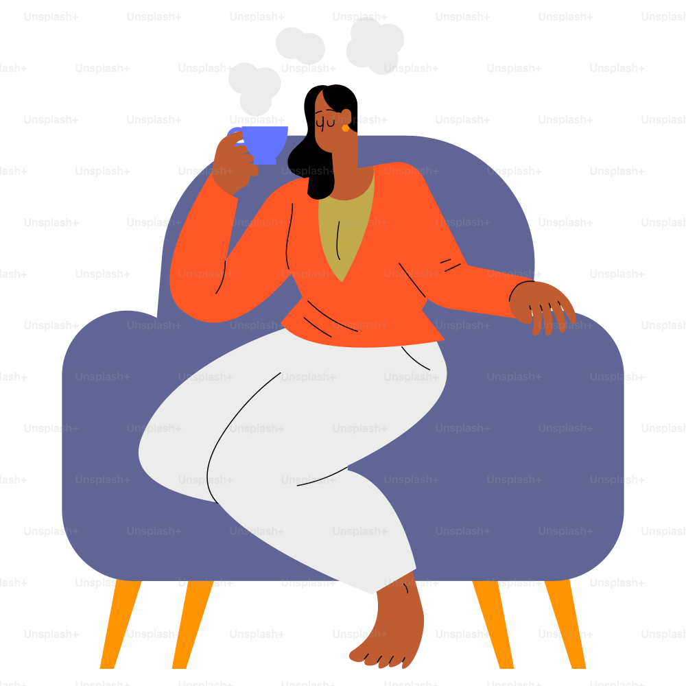 Woman relaxes in chair, sipping hot beverage.