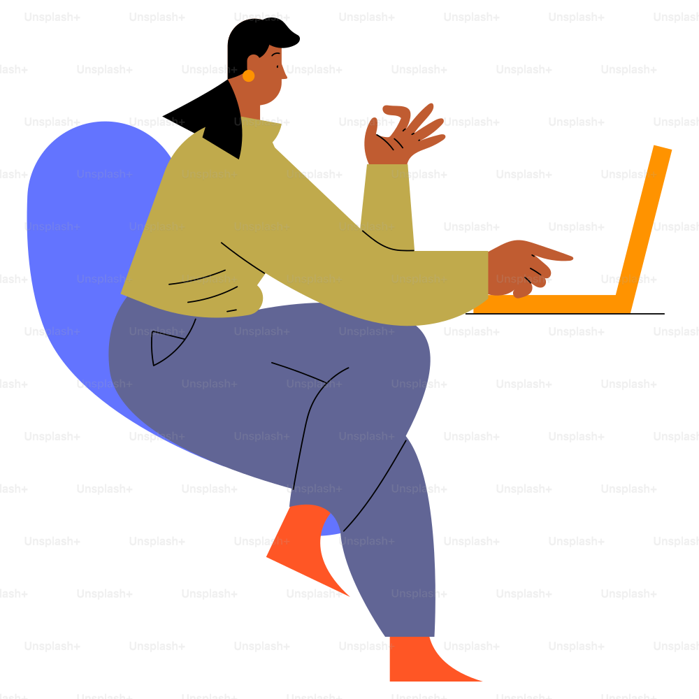 A woman works on a laptop, sitting in a chair.