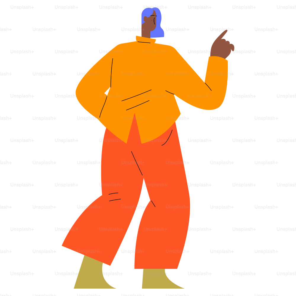 Una persona con un atuendo naranja señala.