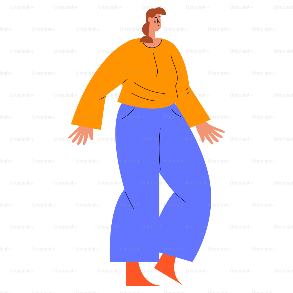 A cartoon woman stands in fashionable clothing.
