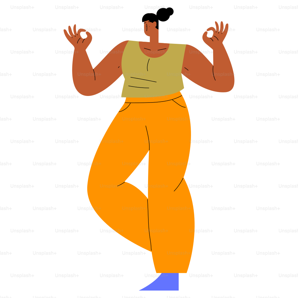 Woman is meditating and balancing on one leg.