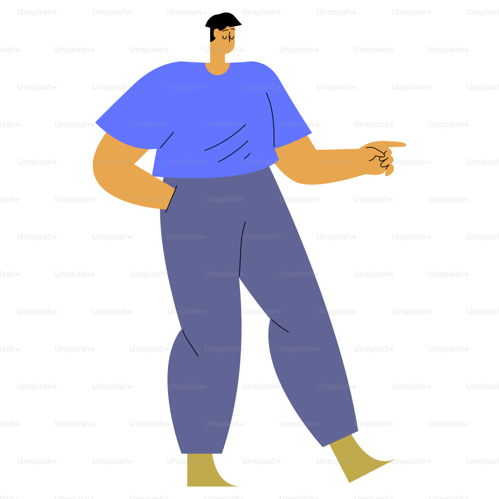 A cartoon man points to the right.